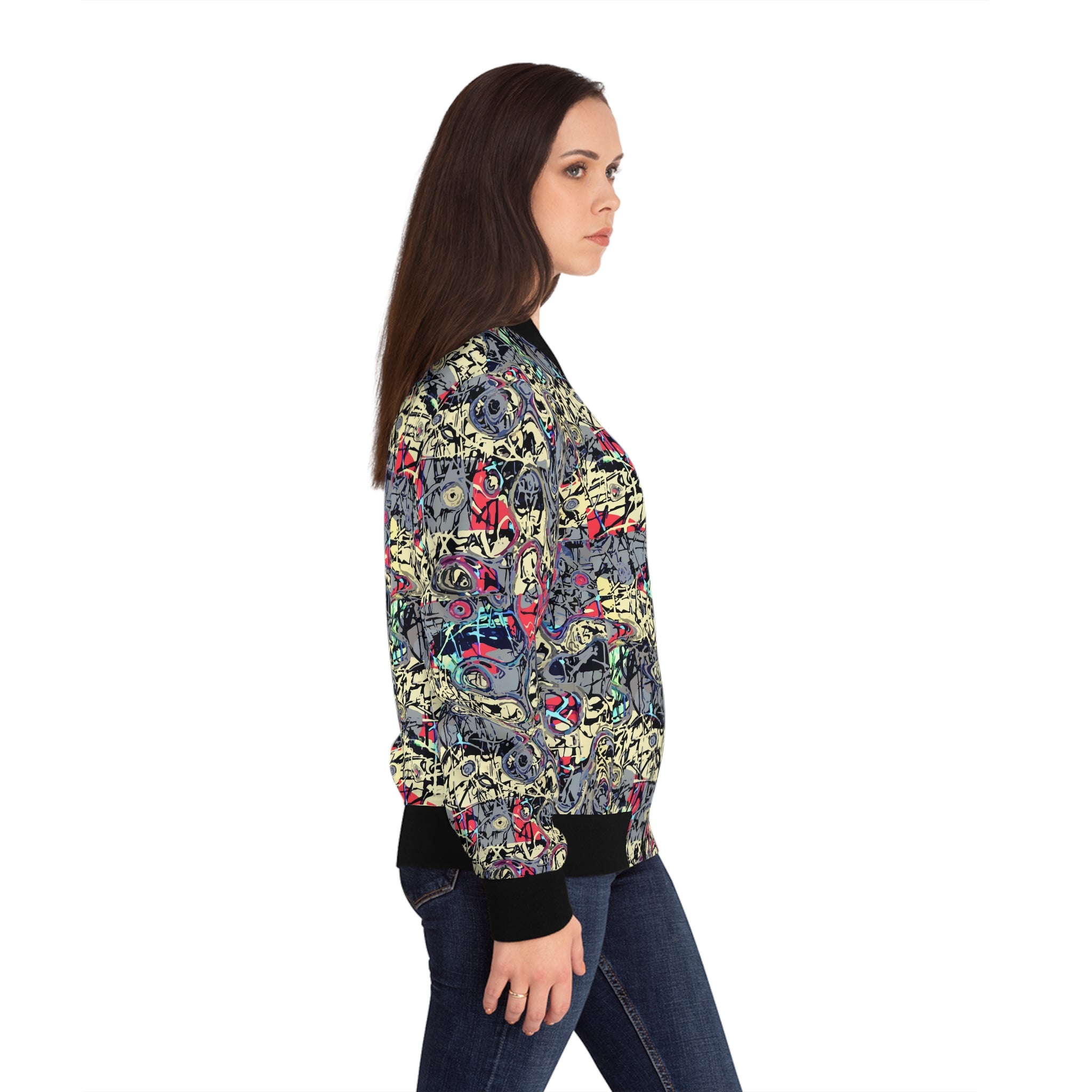Graffiti bomber jacket with all-over multicolor print, side view, black ribbed cuffs