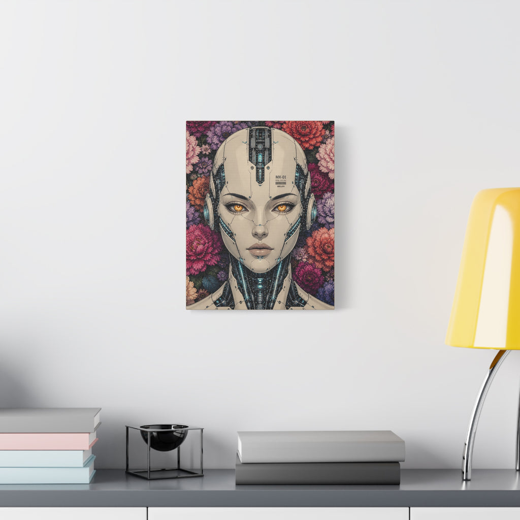 Small square canvas print of a female android portrait with floral background and yellow eyes.