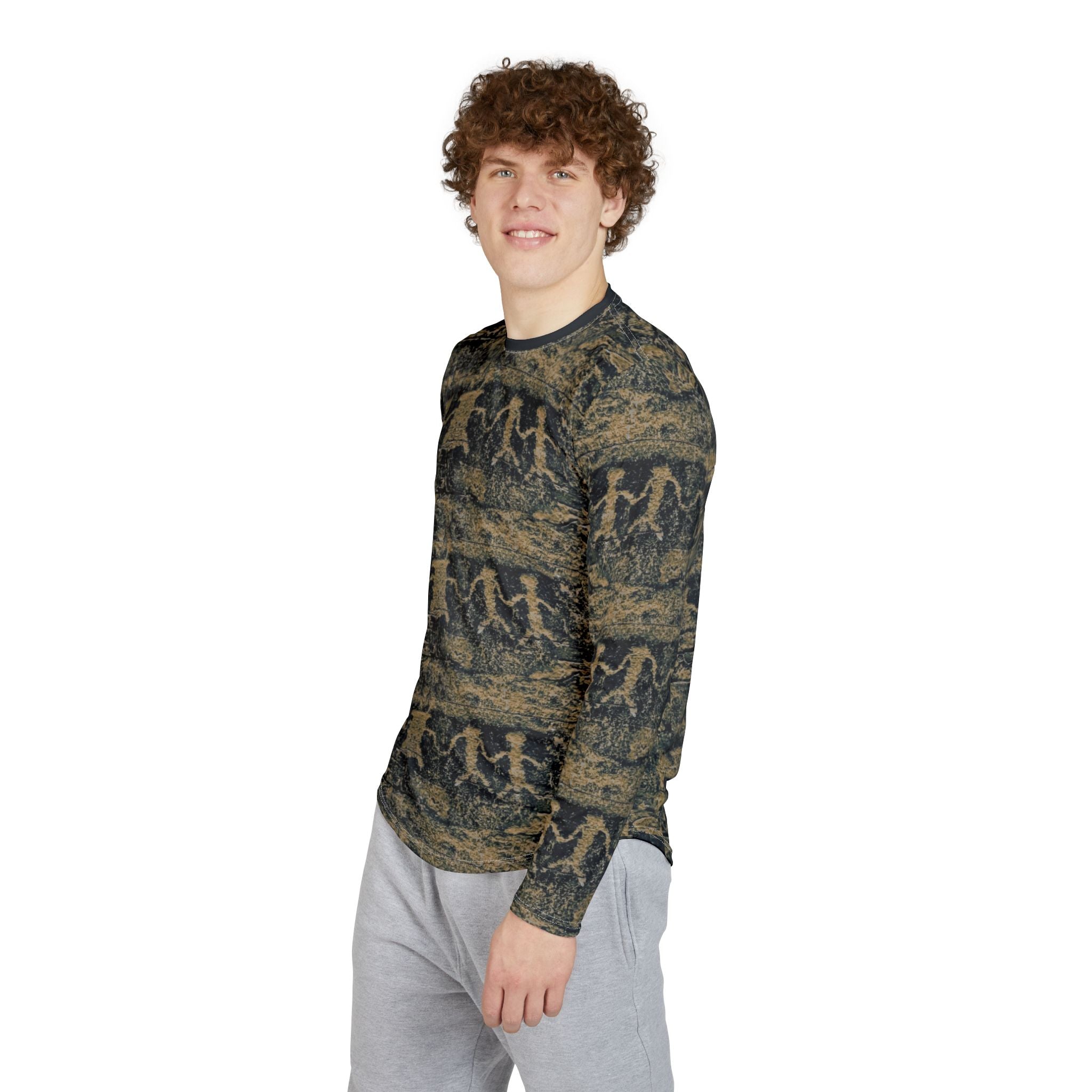 Men's long-sleeve UV shirt, dark olive petroglyph print, three-quarter front view