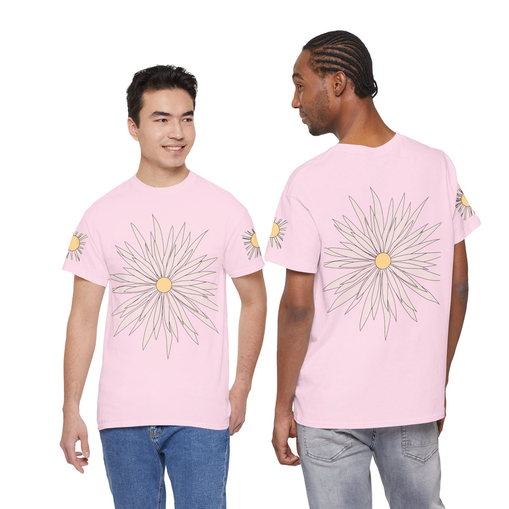 Light pink graphic tee with daisy flower front print, shown from front and side