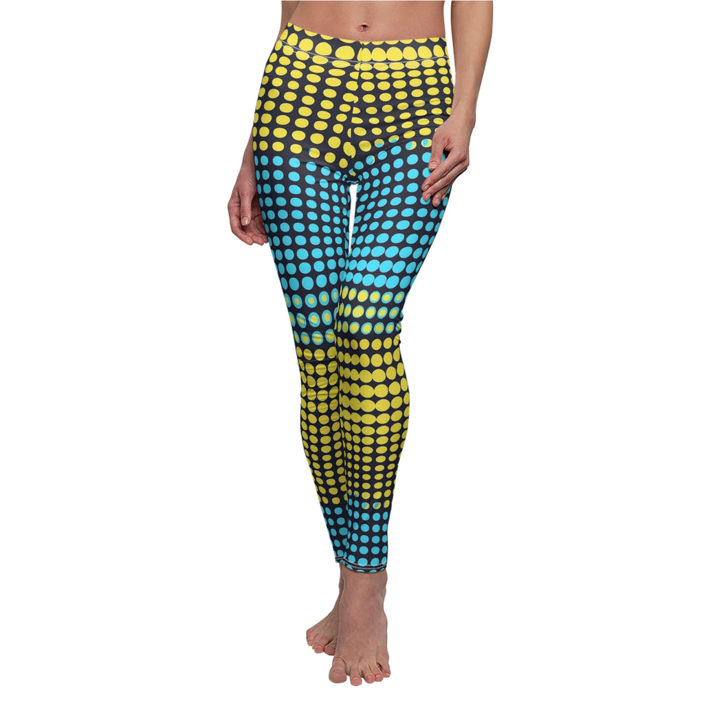 High-waist leggings with yellow and teal halftone dot print, full-length fit