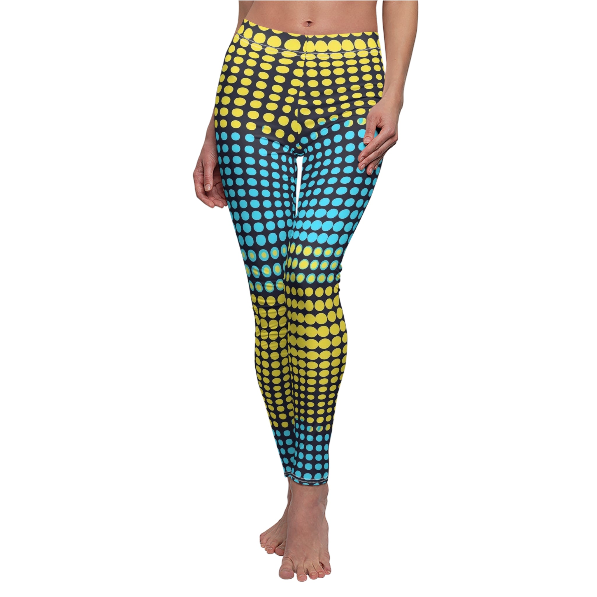 High-waist leggings with yellow and teal halftone dot print, full-length fit