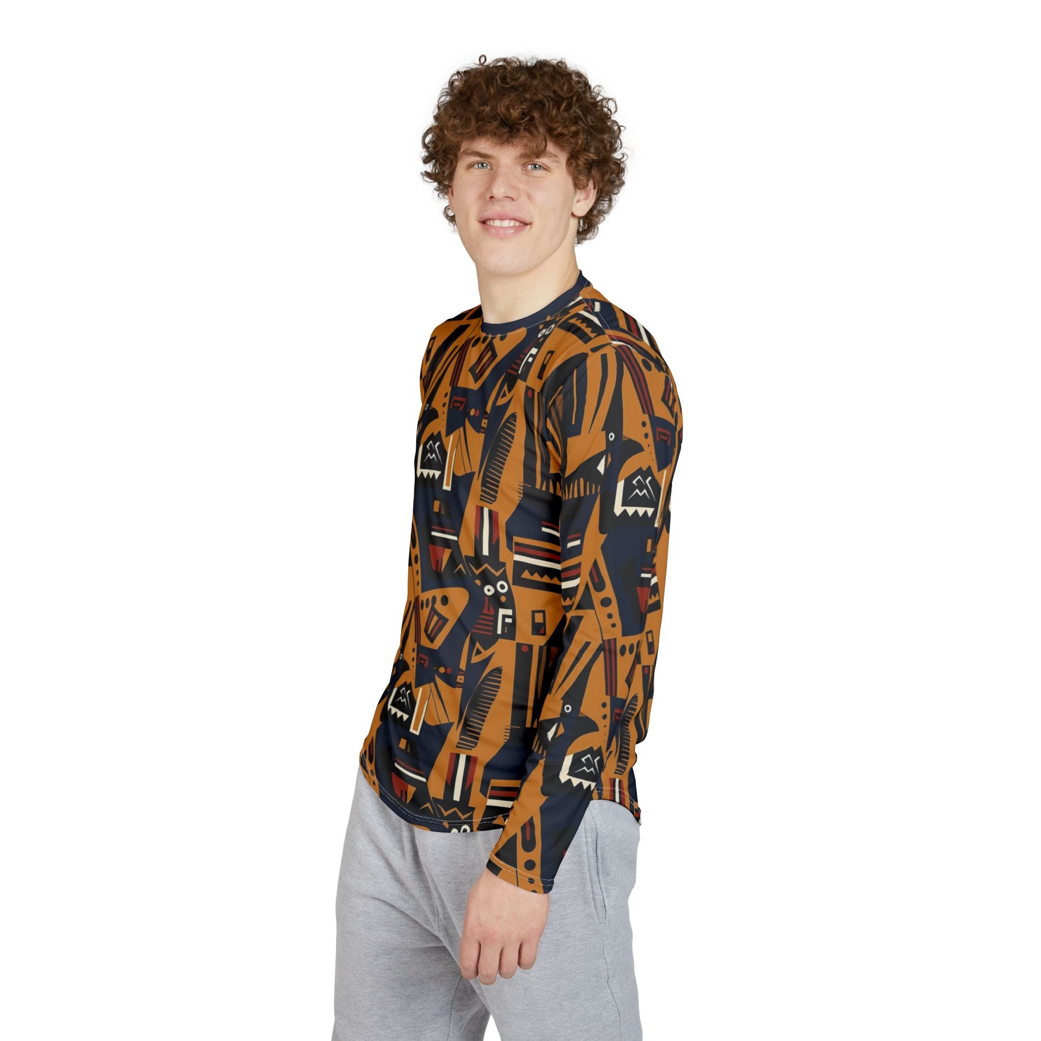 Men's long-sleeve UV sun shirt, orange and navy tribal pattern, long sleeves