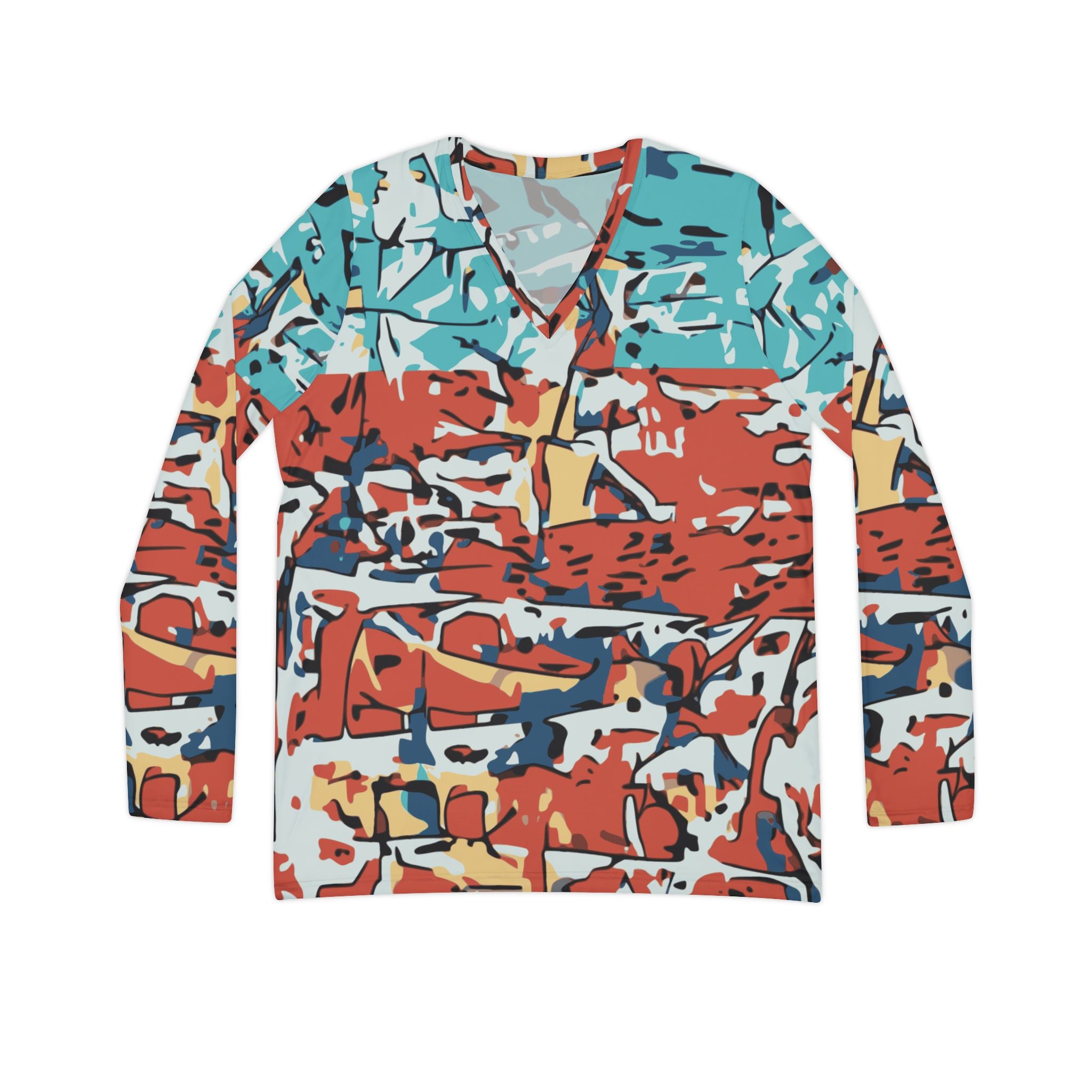 Abstract Coastal Patchwork V-Neck Long Sleeve