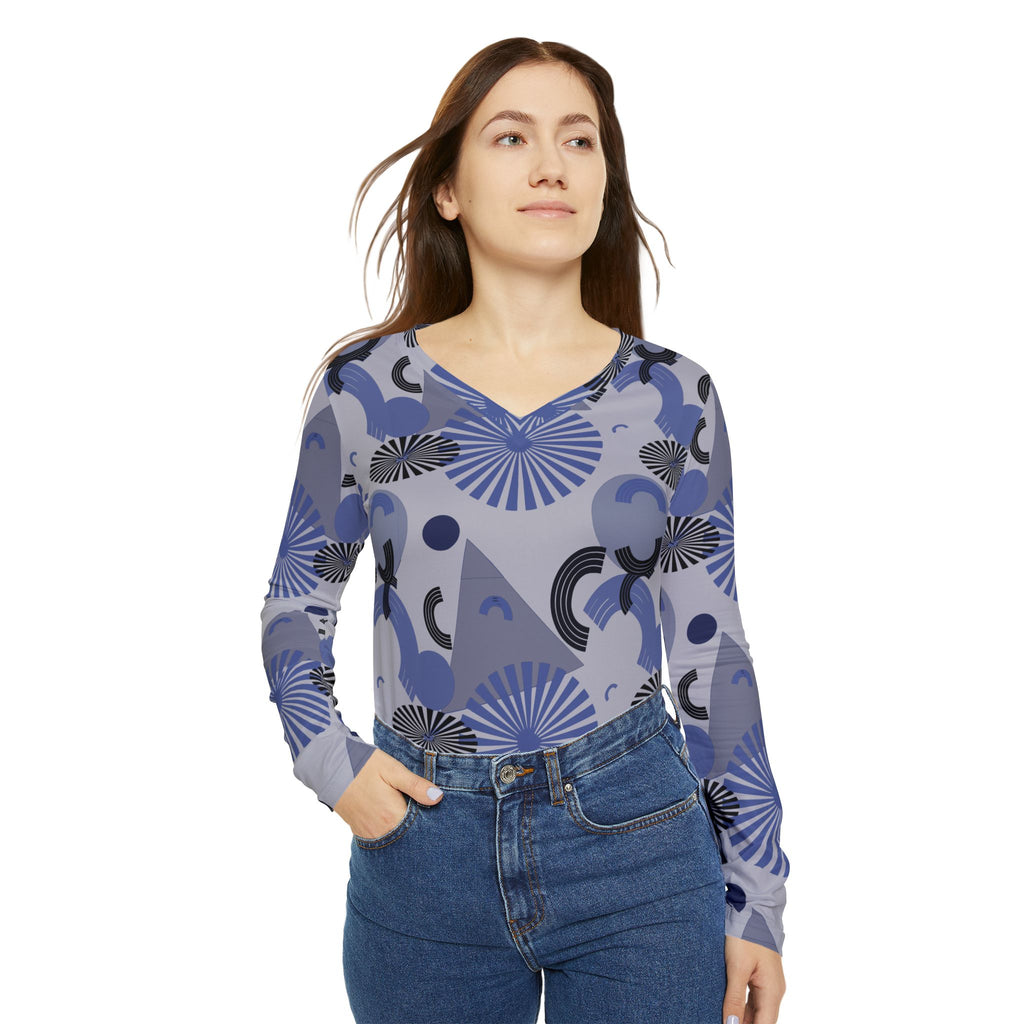 Women's V-neck long-sleeve shirt in light blue and gray with bold geometric all-over print