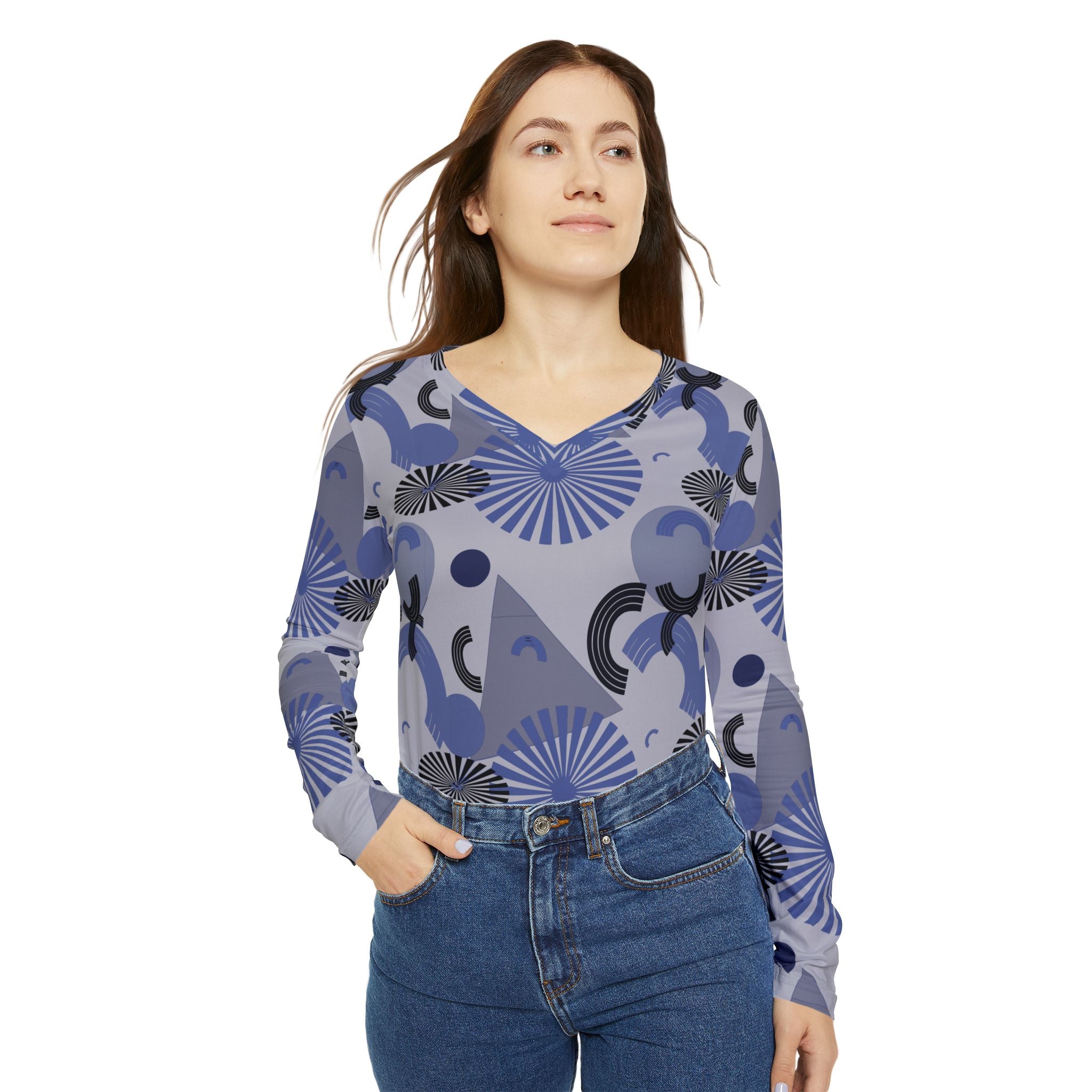 Women's V-neck long-sleeve shirt in light blue and gray with bold geometric all-over print