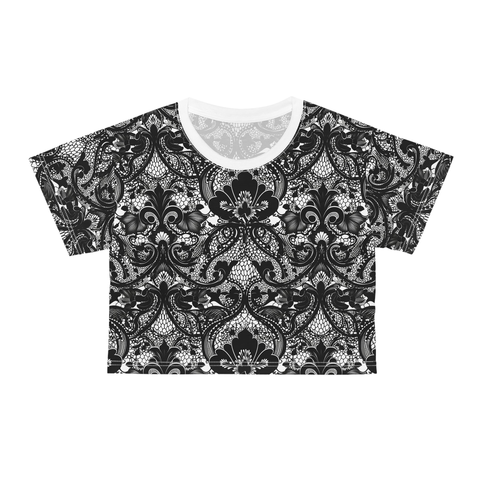 Lace Damask Crop Tee — Black Vintage Floral Pattern