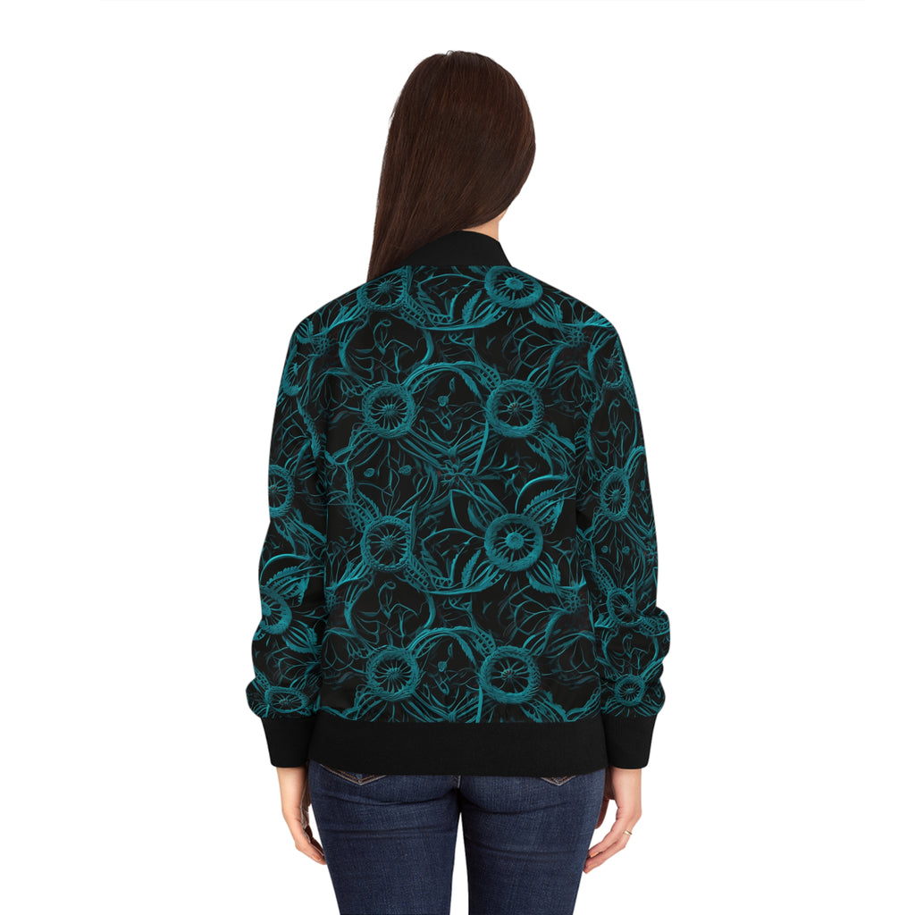 Teal Floral All-Over Print Bomber Jacket — Women's Lightweight Floral Jacket