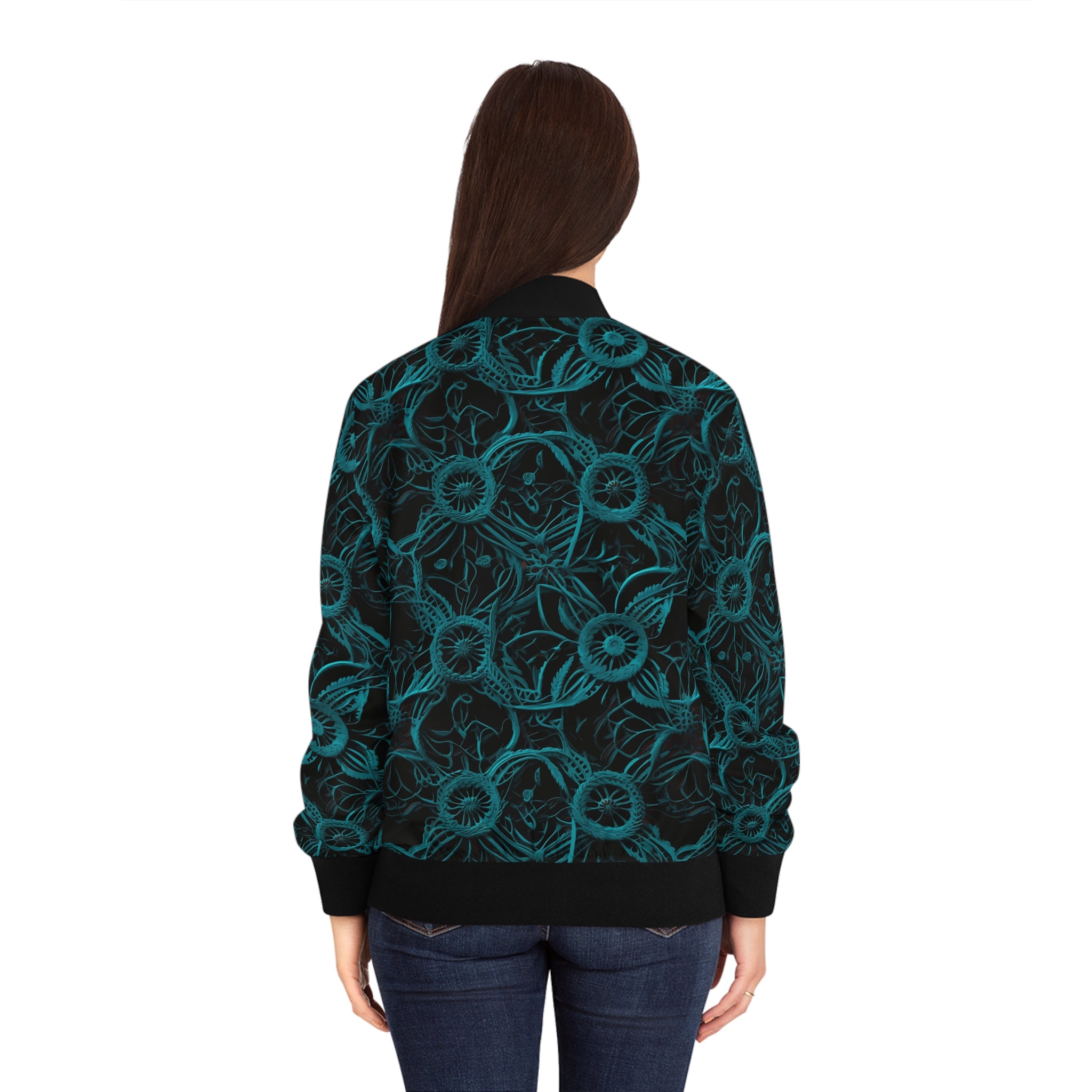 Teal Floral All-Over Print Bomber Jacket — Women's Lightweight Floral Jacket