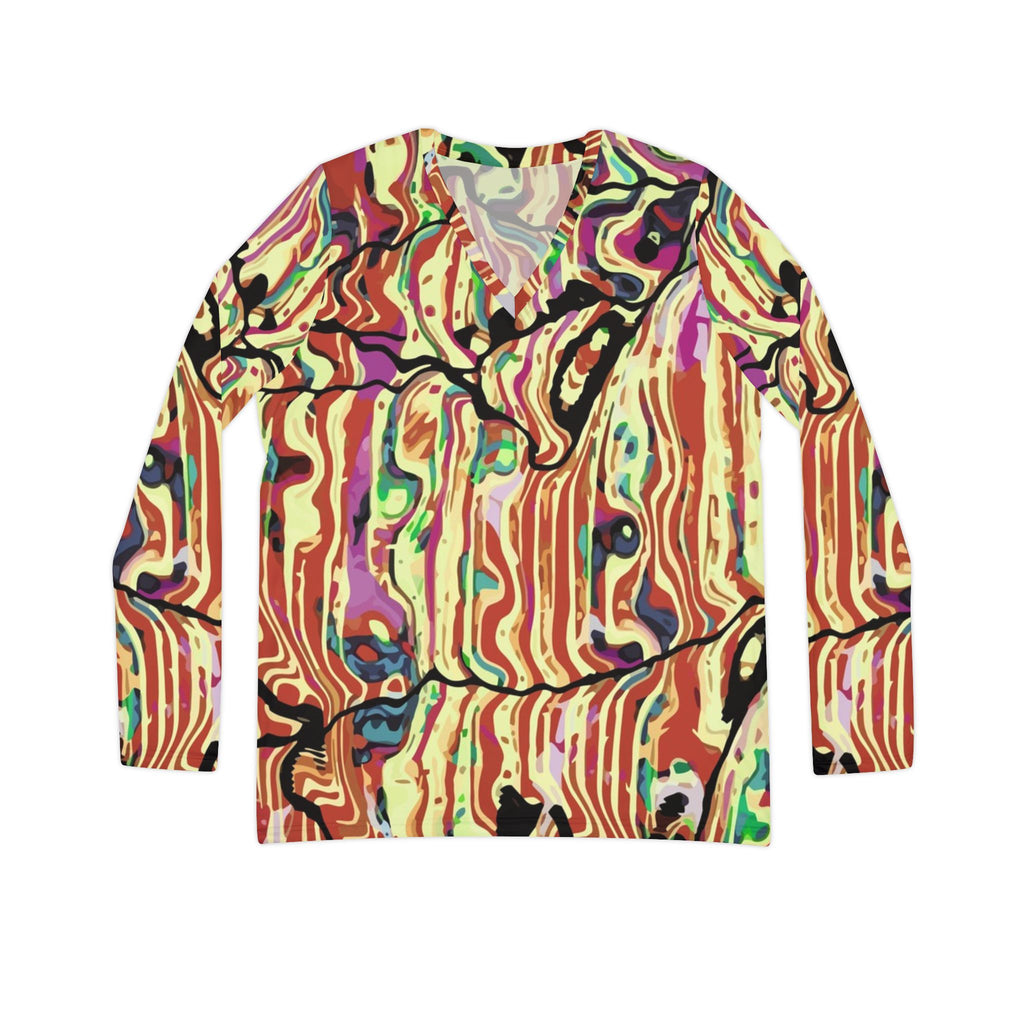 Women's V-Neck Long Sleeve Shirt — Abstract Swirl All-Over Print