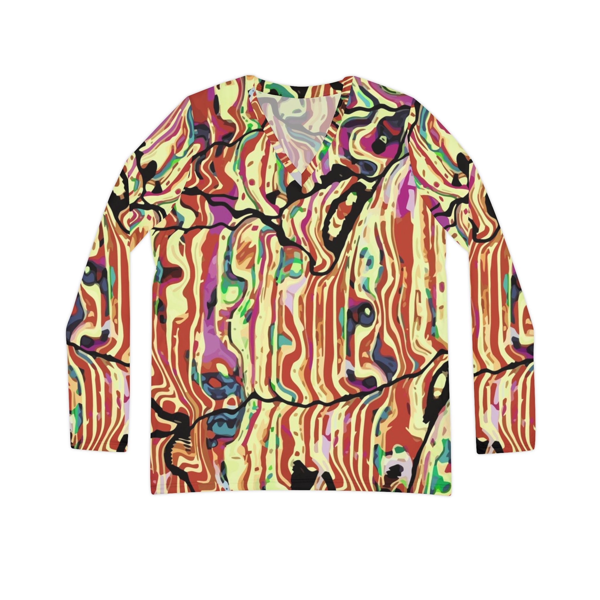 Women's V-Neck Long Sleeve Shirt — Abstract Swirl All-Over Print