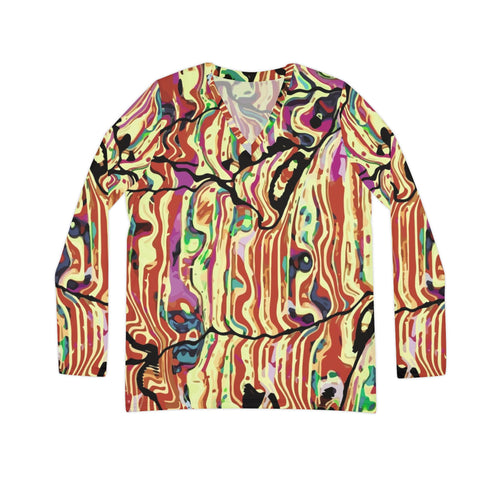 Women's v-neck long-sleeve top with colorful abstract swirl print, dark cuffs