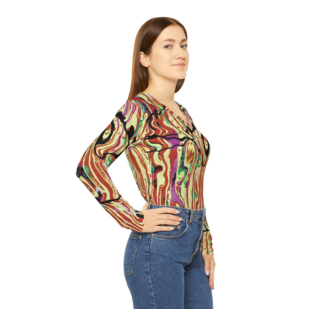 Women's V-Neck Long Sleeve Shirt — Abstract Swirl All-Over Print