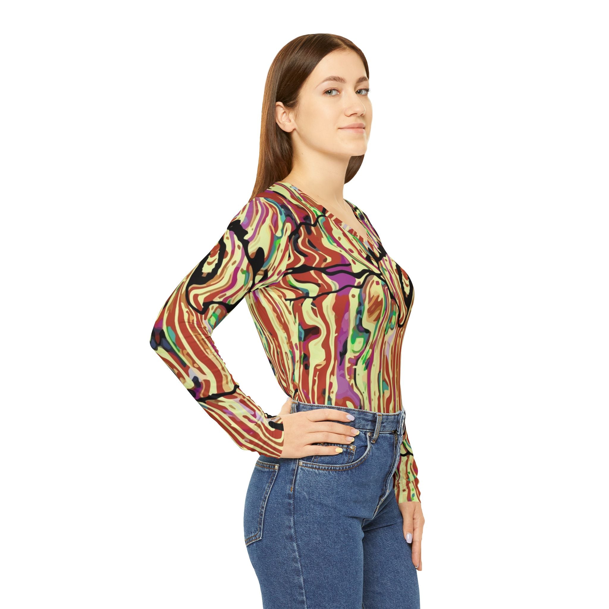Women's V-Neck Long Sleeve Shirt — Abstract Swirl All-Over Print