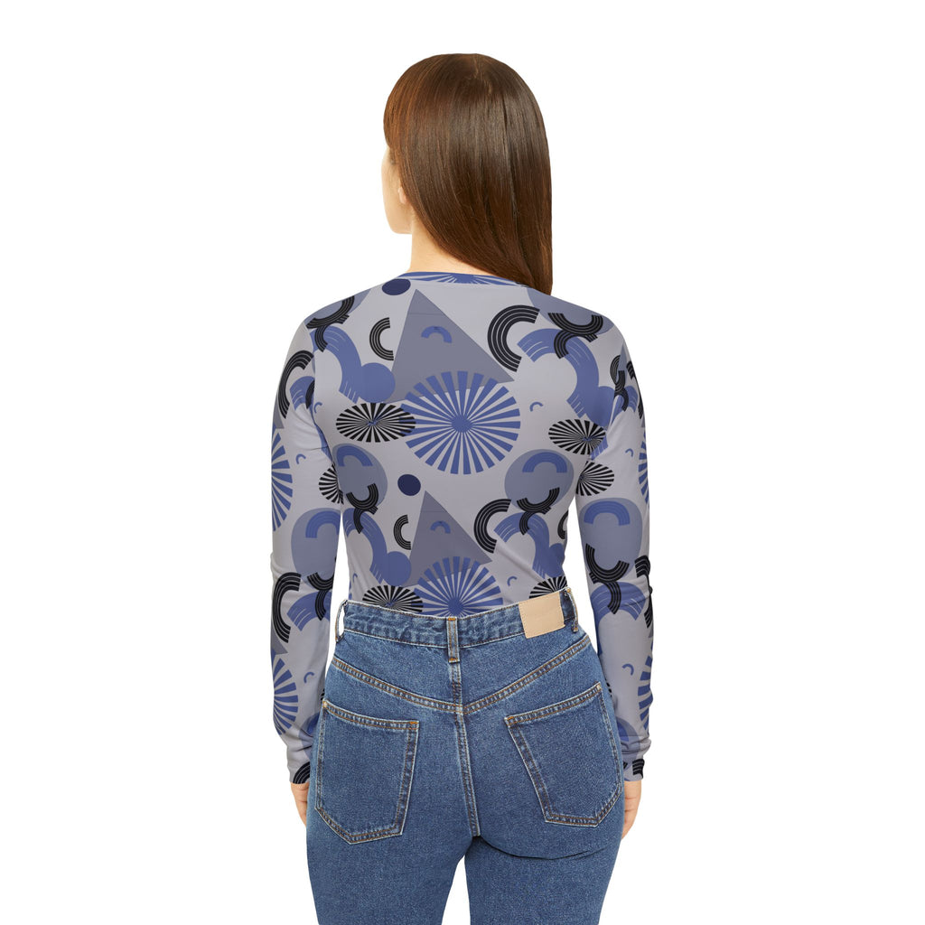 Women's long-sleeve V-neck shirt, back view, light blue and gray geometric all-over print
