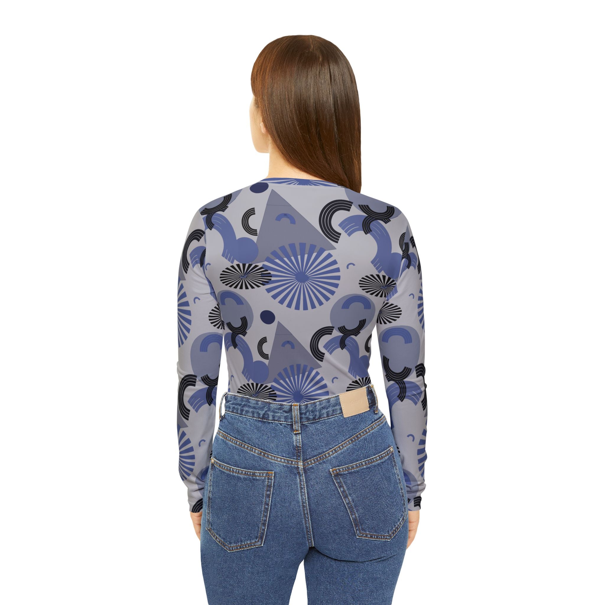Women's long-sleeve V-neck shirt, back view, light blue and gray geometric all-over print