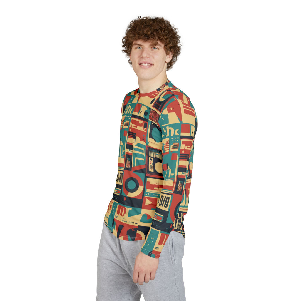 Men's long-sleeve crewneck shirt side view, retro audio cassette and speaker pattern