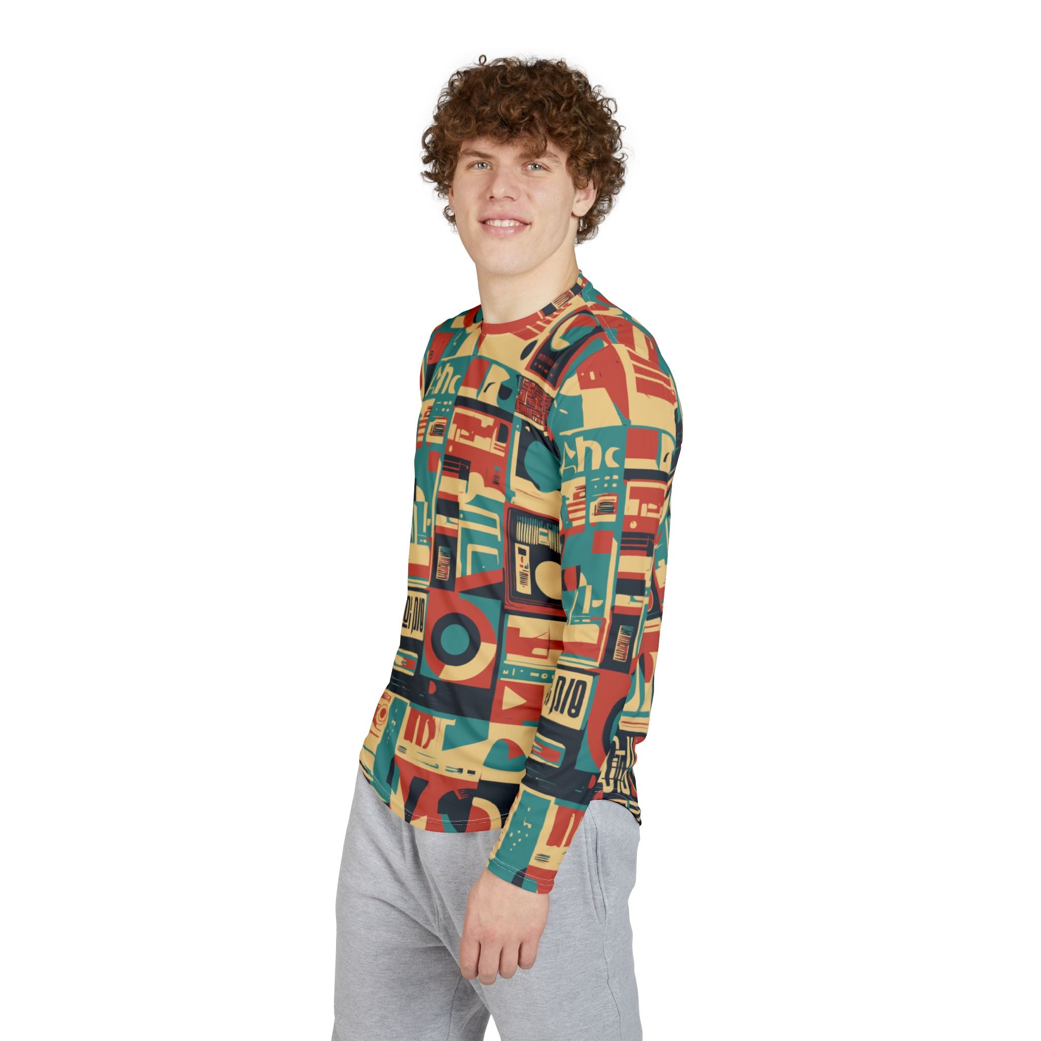 Men's long-sleeve crewneck shirt side view, retro audio cassette and speaker pattern