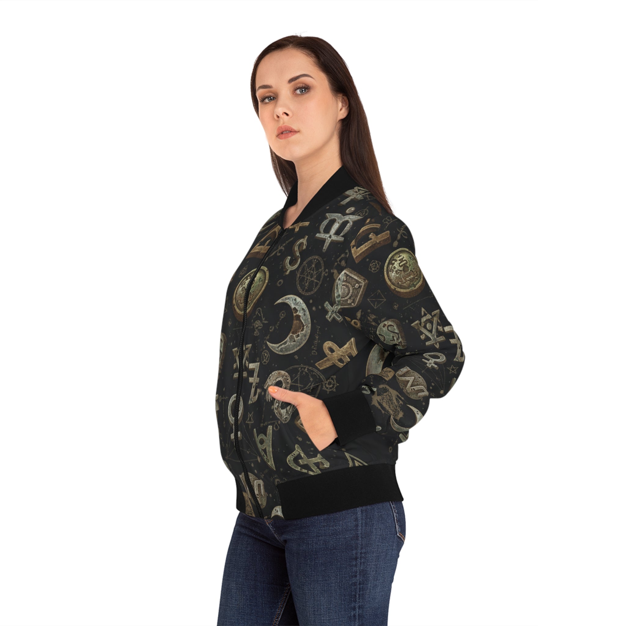 Back/shoulder view black bomber jacket with mystical symbol print and ribbed waistband