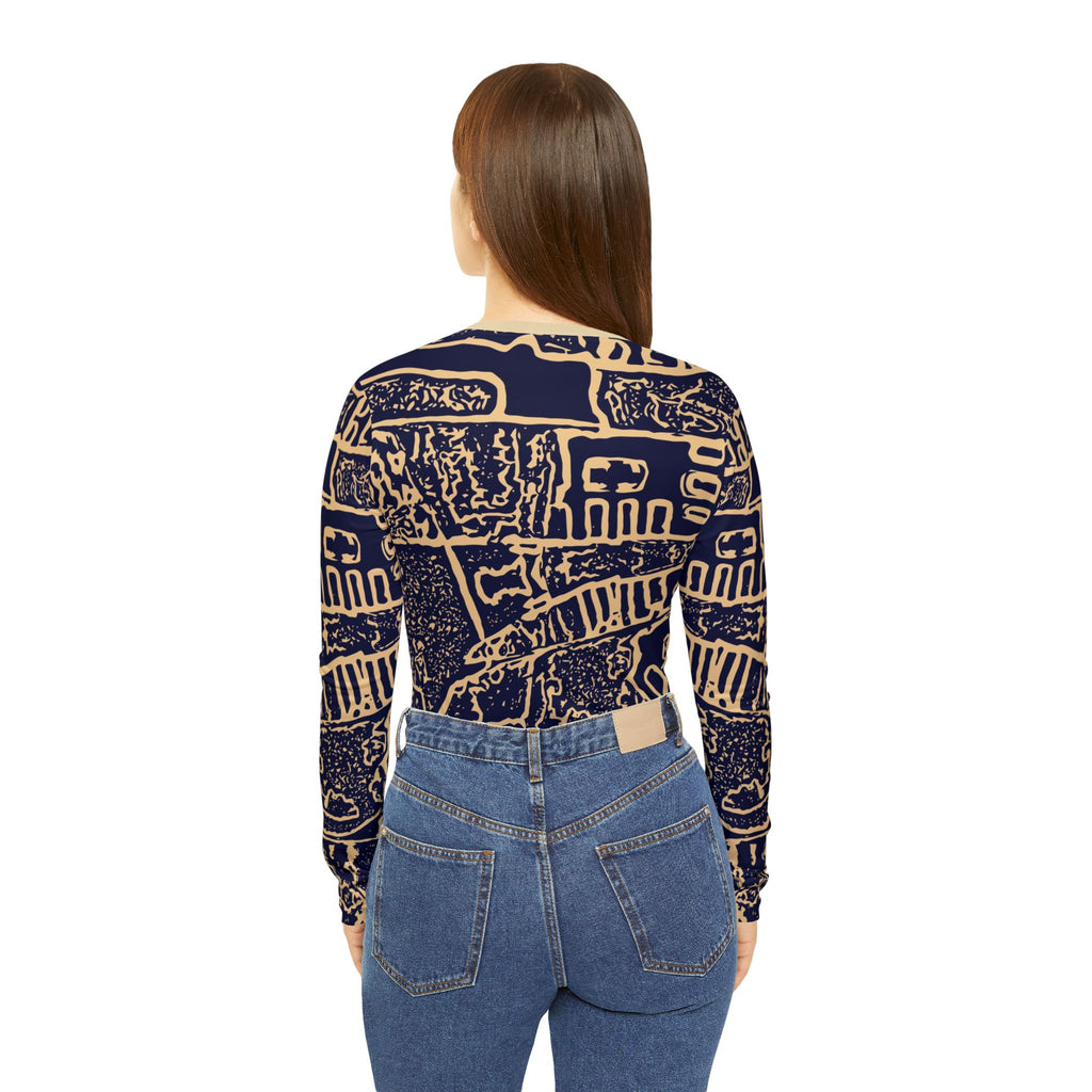 Back view of women’s patterned V-neck long-sleeve top in navy with beige abstract print