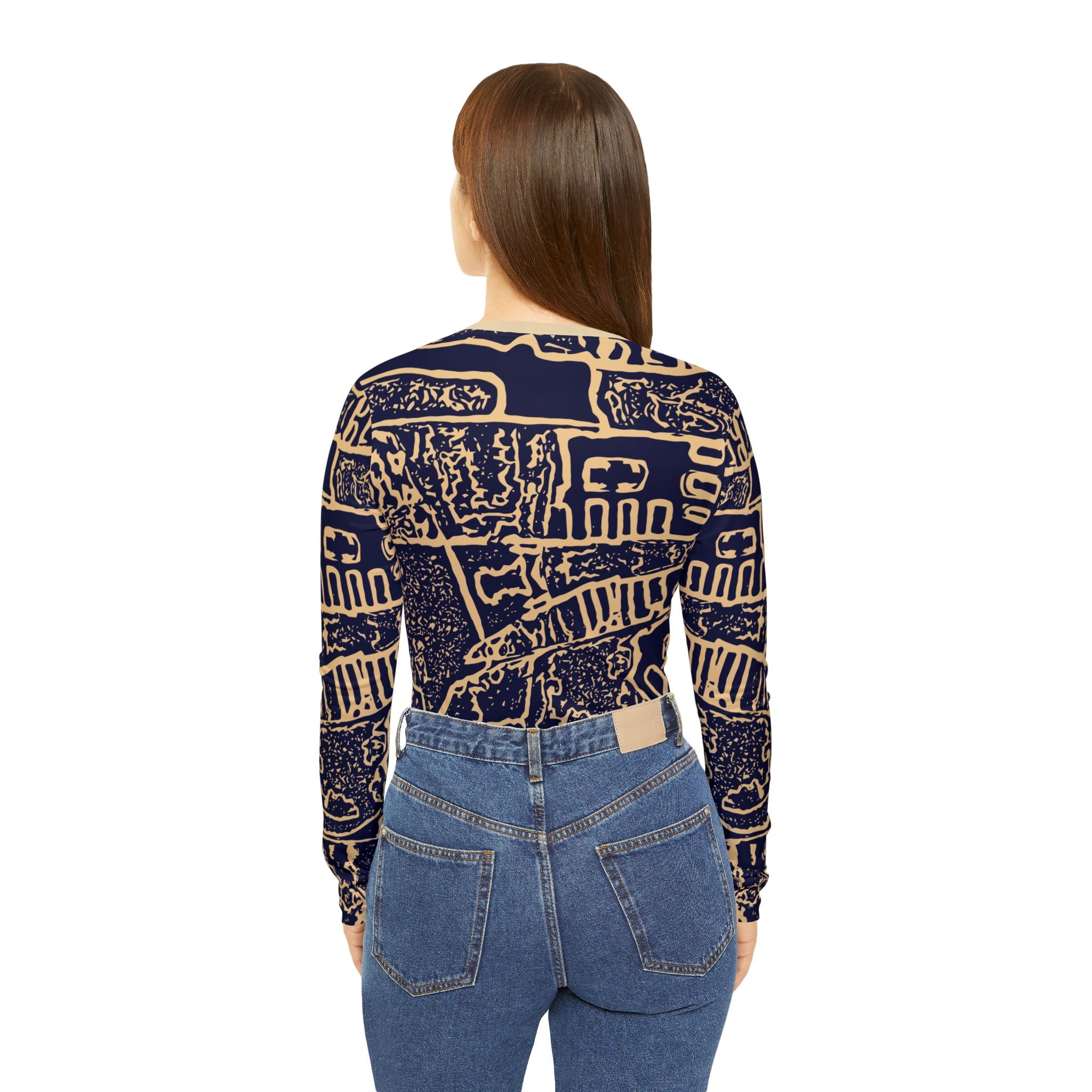 Back view of women’s patterned V-neck long-sleeve top in navy with beige abstract print