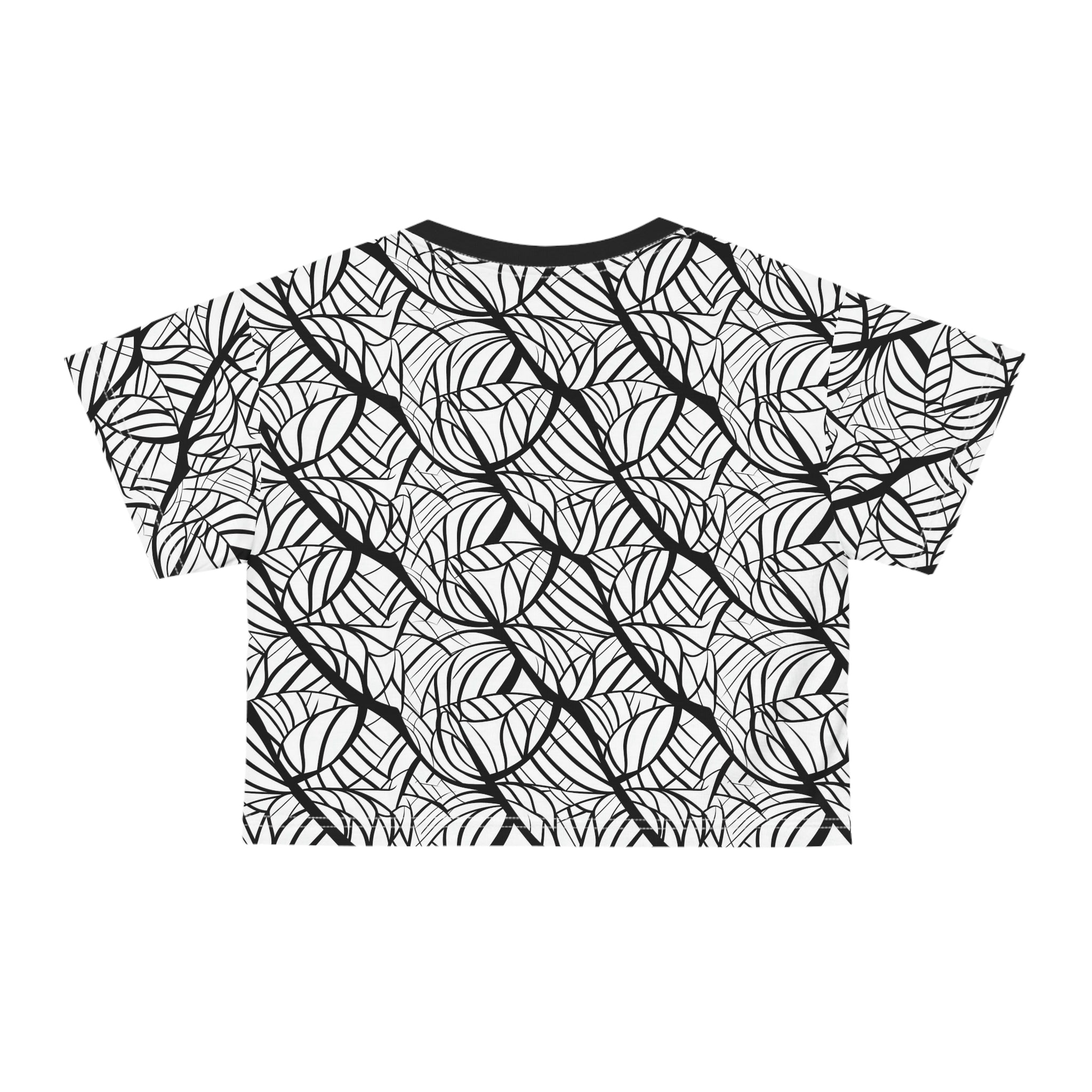 Black & White Leaf Pattern Crop Tee – All-Over Botanical Graphic