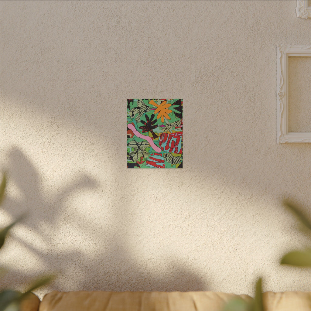 Small square wall canvas print featuring colorful tropical flowers, teal greens, pink curves, and red