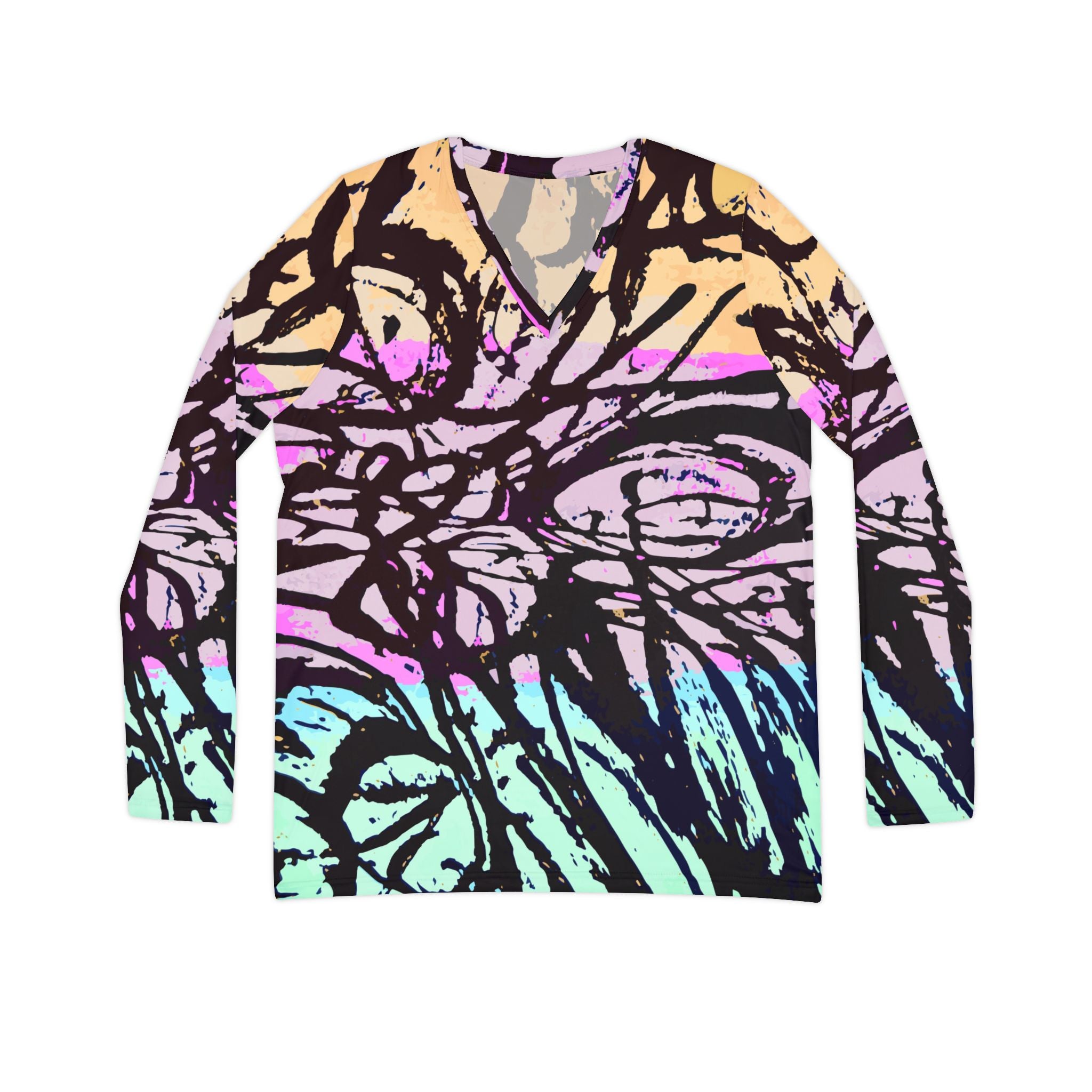 Abstract Pastel Scribble V‑Neck Long Sleeve — Women's Artistic All‑Over Print Shirt