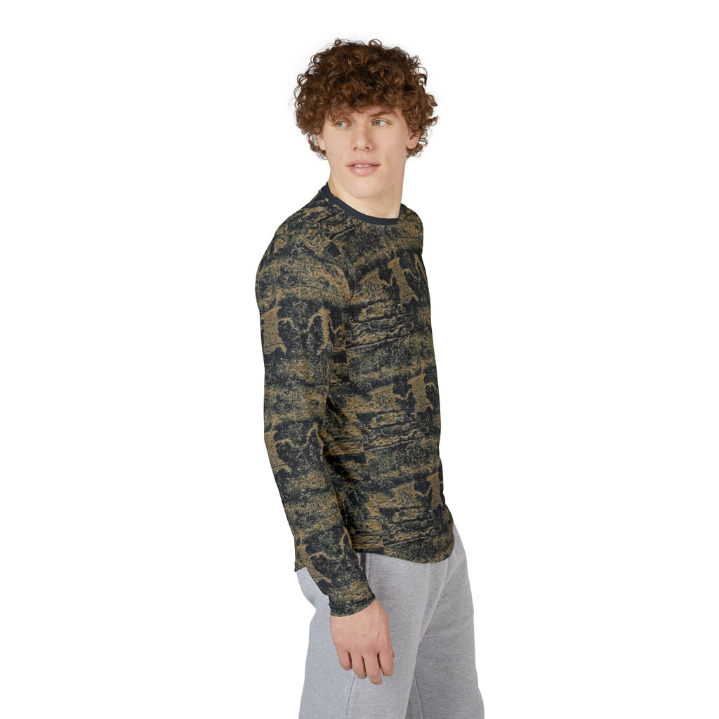 Men's long-sleeve UV shirt, dark olive petroglyph print, side view with crew neck