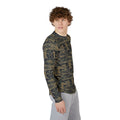 Men's long-sleeve UV shirt, dark olive petroglyph print, side view with crew neck