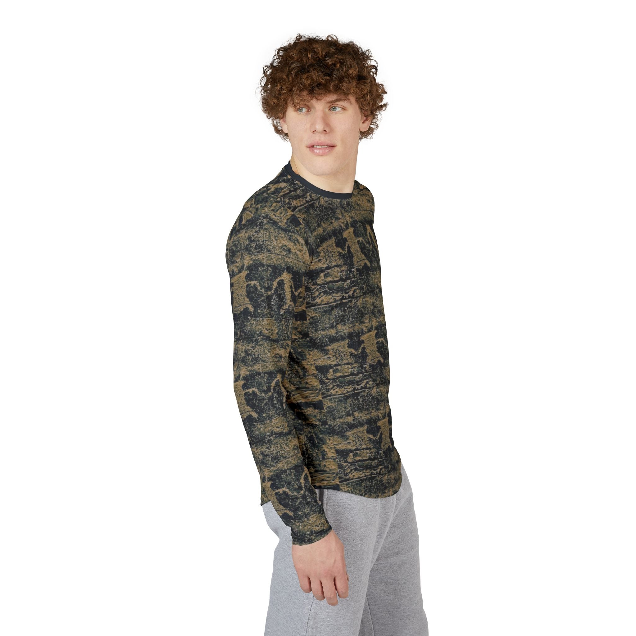 Men's long-sleeve UV shirt, dark olive petroglyph print, side view with crew neck