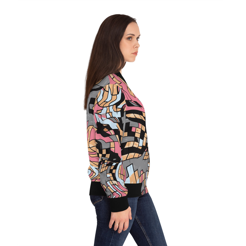 Women’s bomber jacket side view with abstract wave print and black ribbed sleeve cuffs