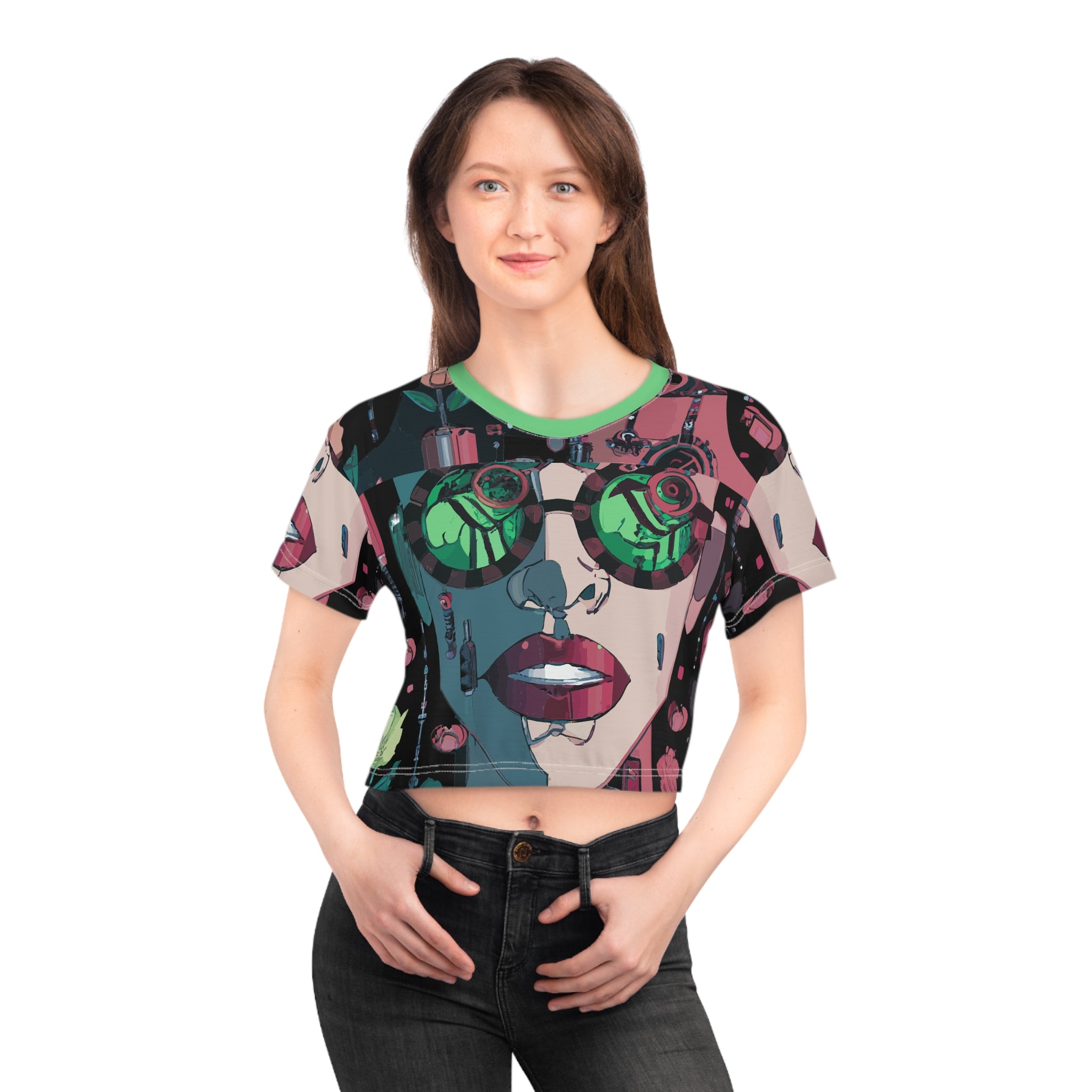 Retro Cyberpunk Crop Tee — Neon Sunglasses Portrait All-Over Print