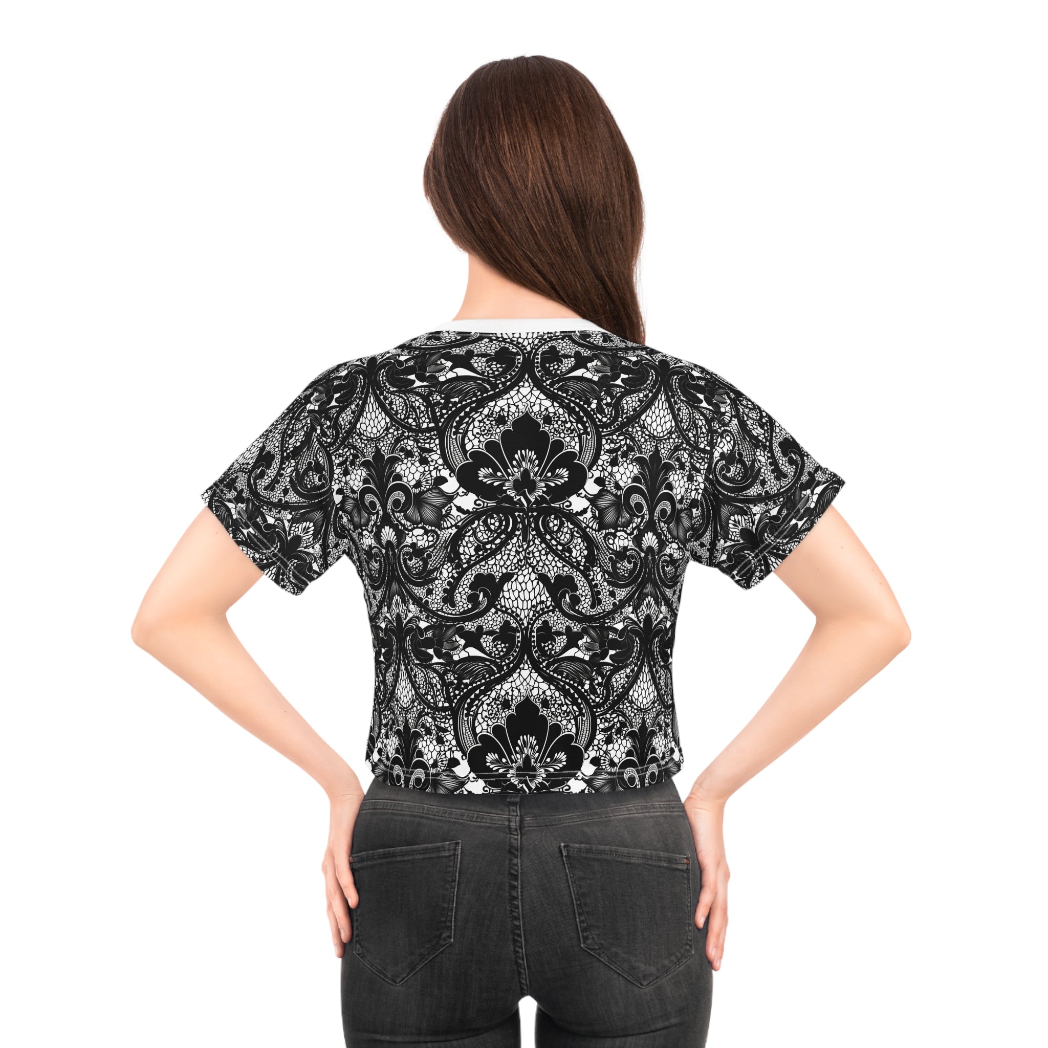 Lace Damask Crop Tee — Black Vintage Floral Pattern