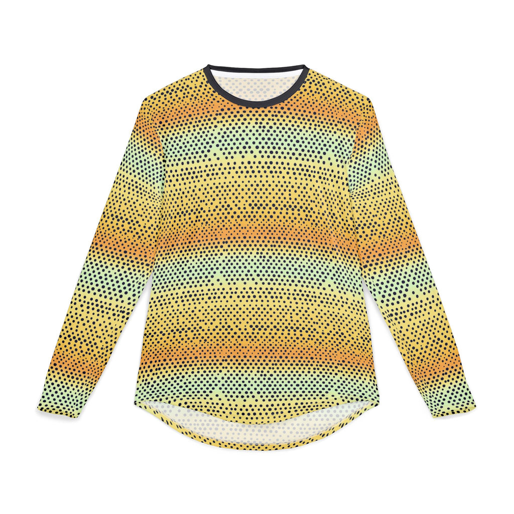 Long-sleeve crew shirt in yellow with teal dotted gradient pattern, dark trim