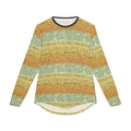 Long-sleeve crew shirt in yellow with teal dotted gradient pattern, dark trim