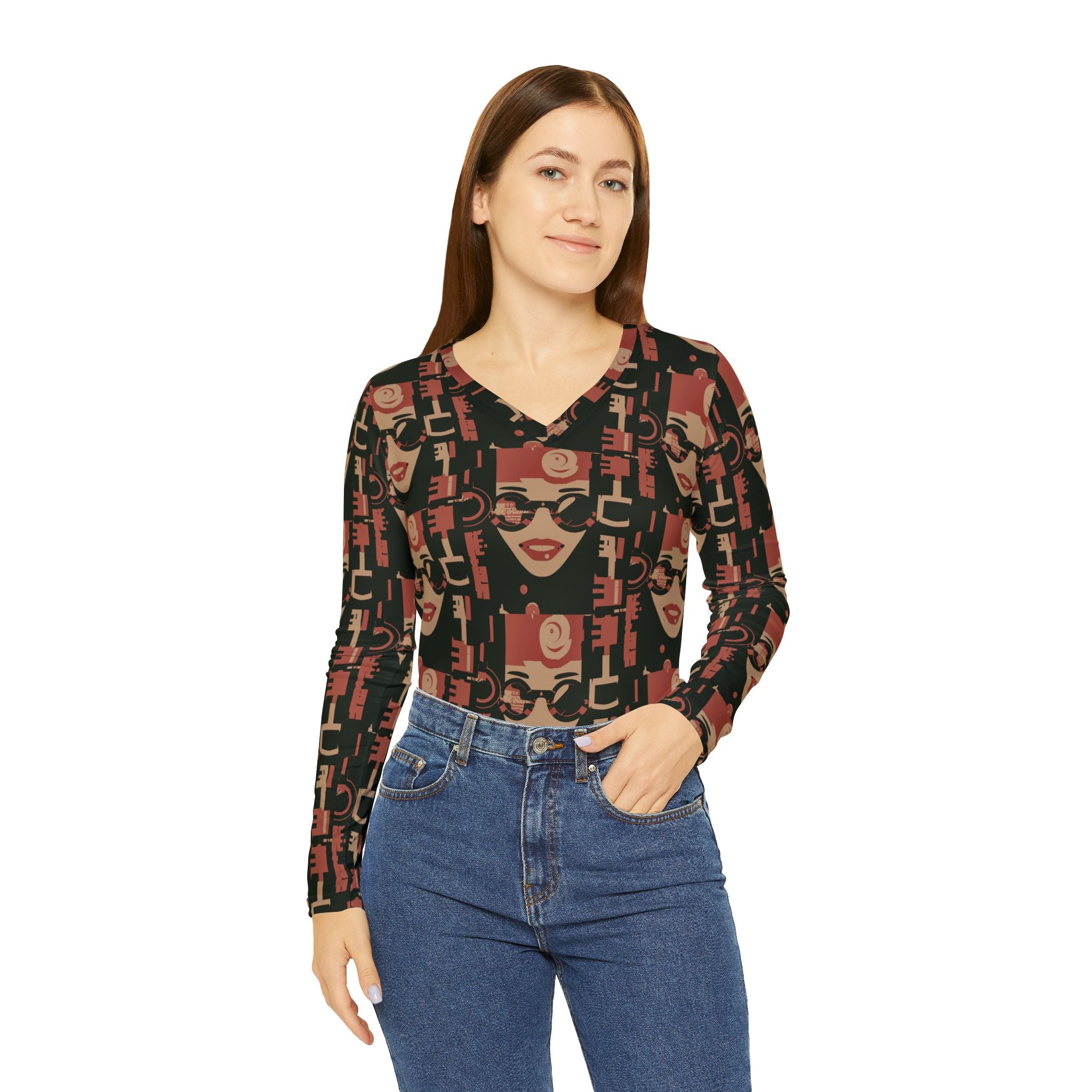 Women's V-neck long sleeve top, side view, all-over face and sunglasses print.