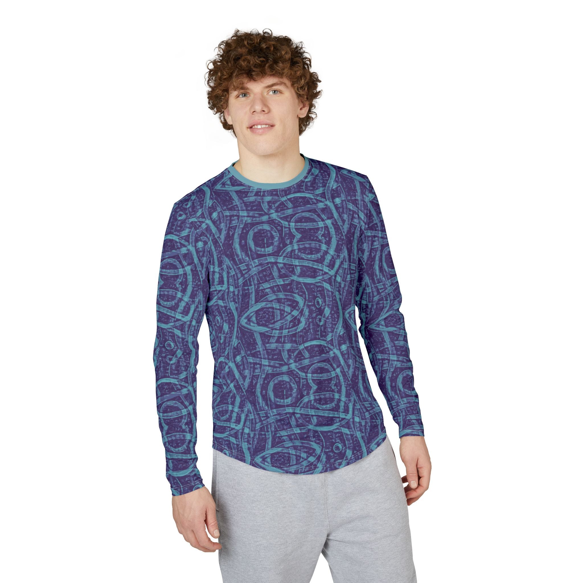 Men's UV Long-Sleeve Shirt "UPF 50+" protection— Blue Geometric AOP Sun Protection Top