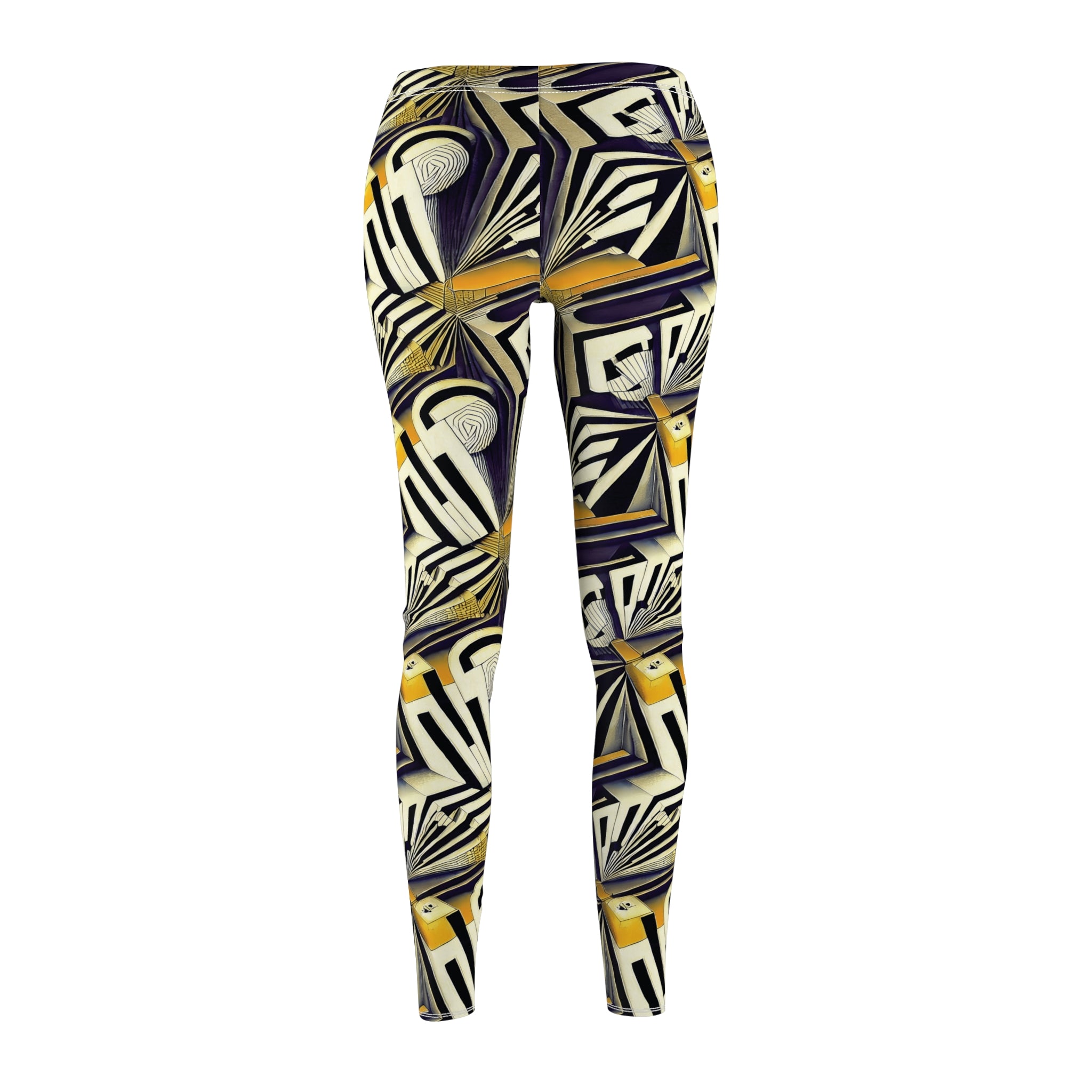 Women's leggings back view with abstract geometric print in yellow, cream, and black.