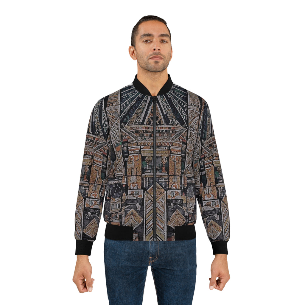 Men's Egyptian hieroglyph print bomber jacket on model, ribbed collar and cuffs, zip front