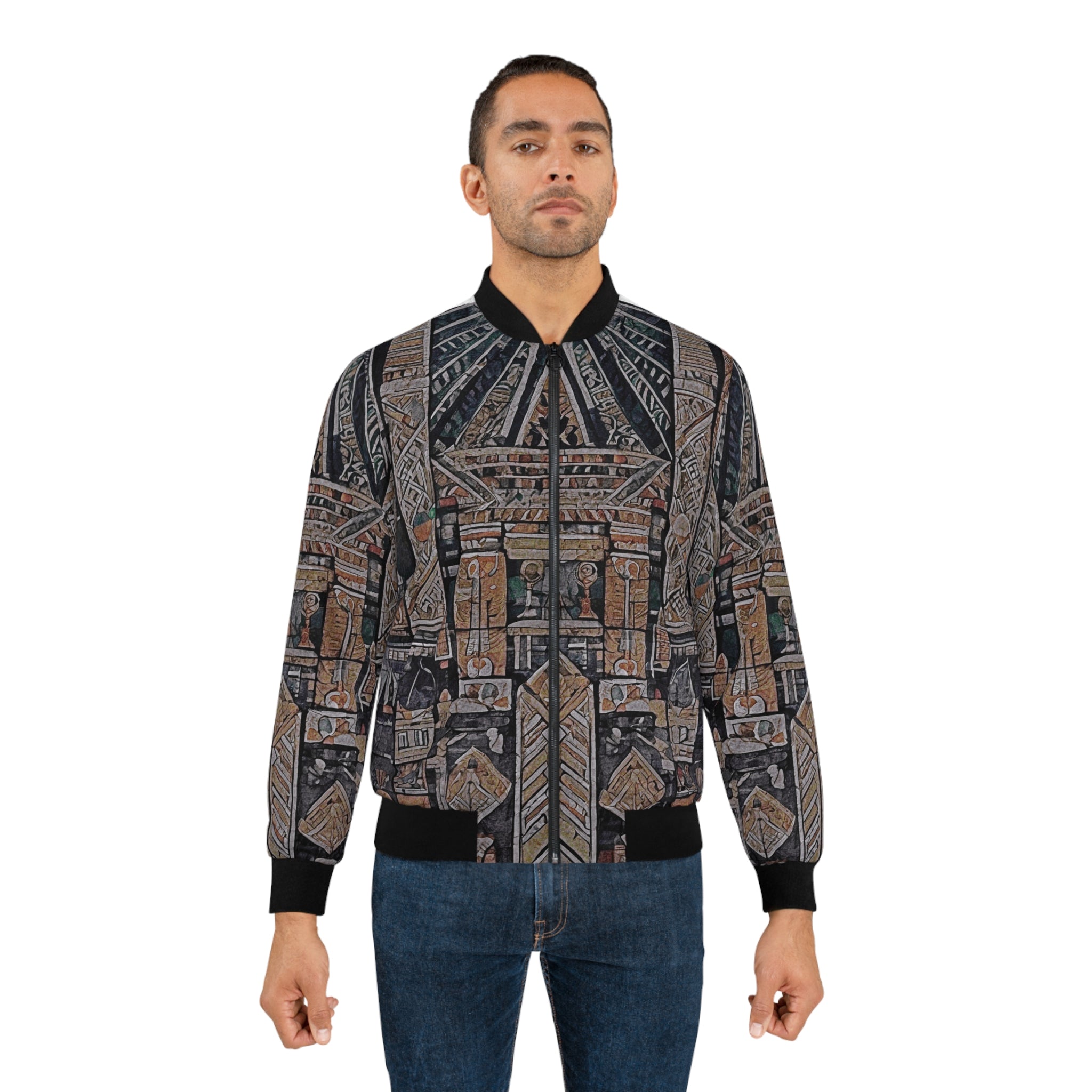 Men's Egyptian hieroglyph print bomber jacket on model, ribbed collar and cuffs, zip front