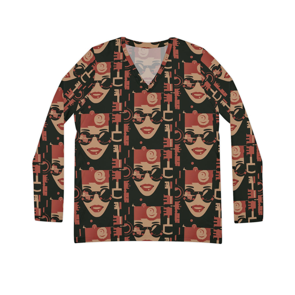 Retro Floral Face V-Neck Long Sleeve Shirt