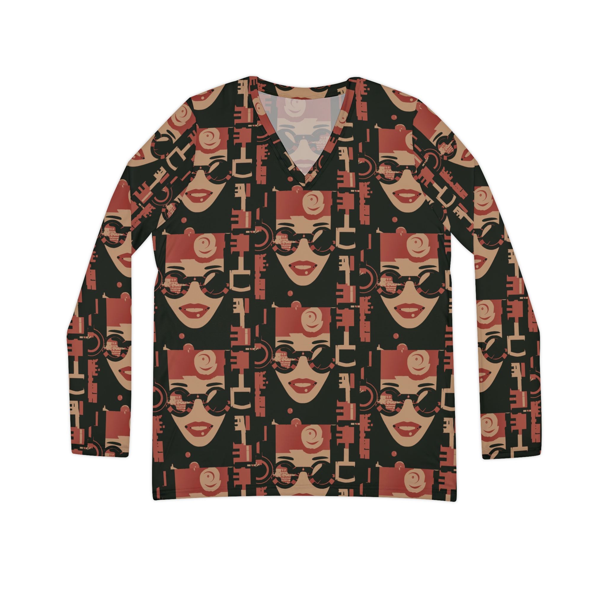 Retro Floral Face V-Neck Long Sleeve Shirt