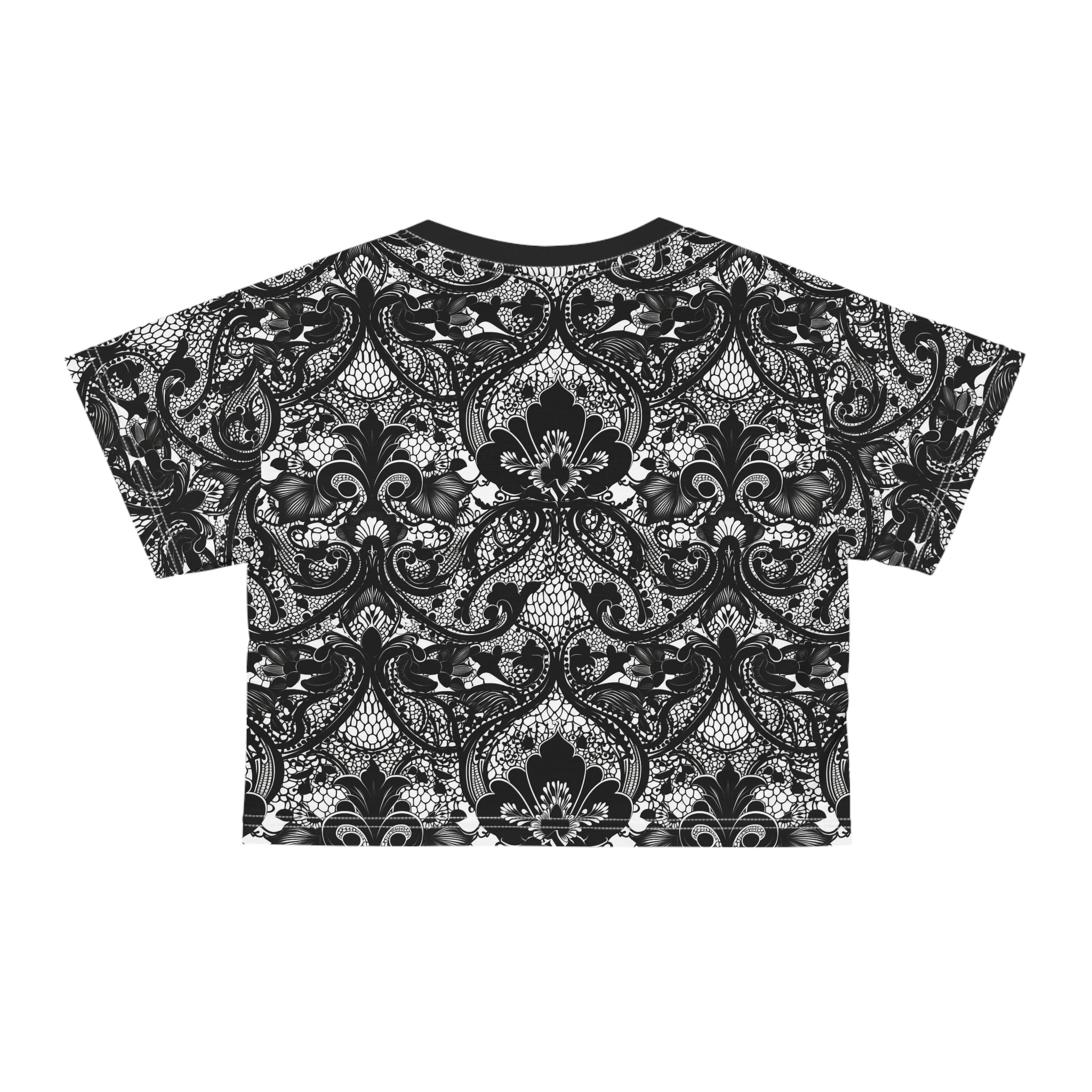 Black crop tee with ornate damask floral pattern, crew neck and short sleeves, flat front view