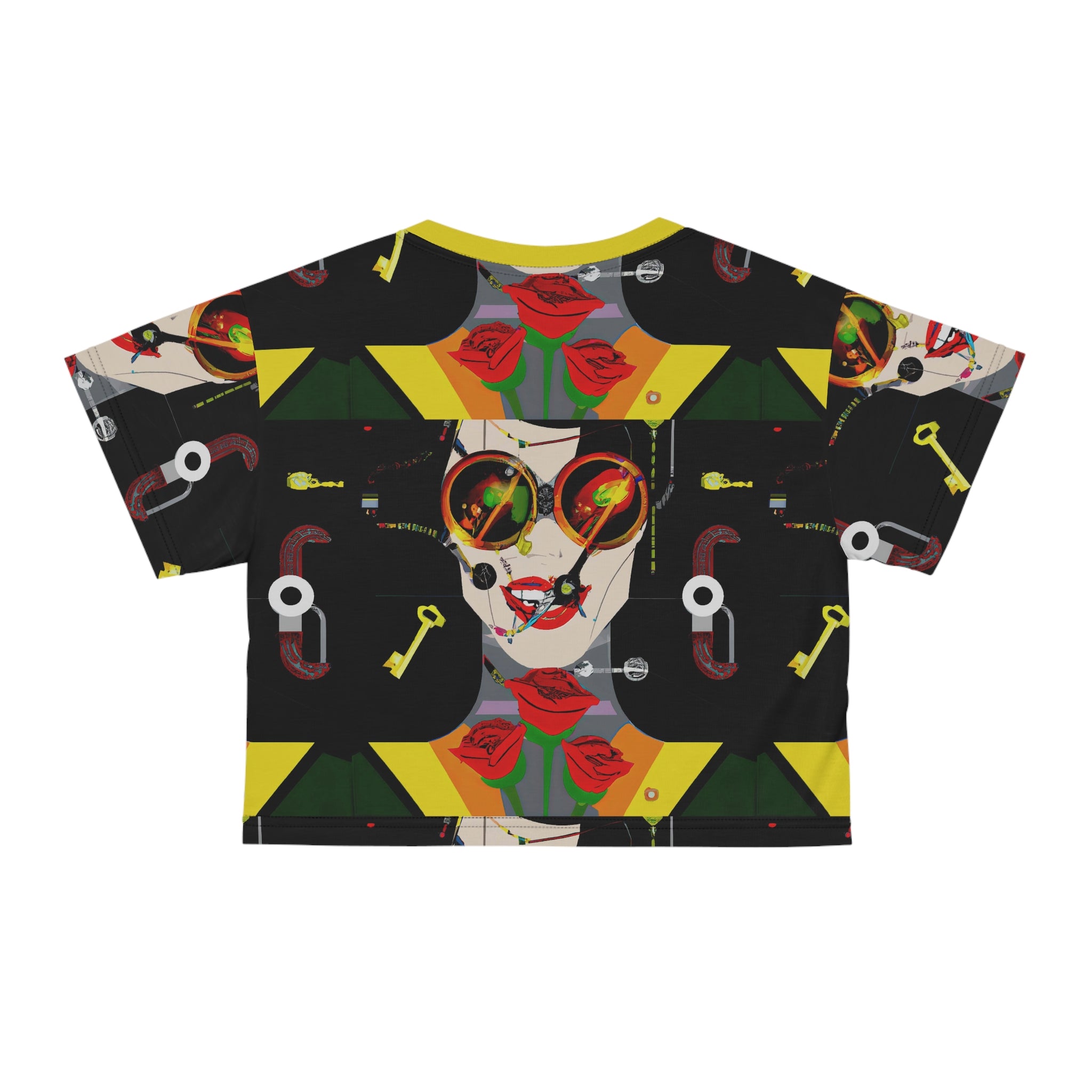 Abstract Retro Face Crop Tee — Colorful Pop Art Sunglasses Design