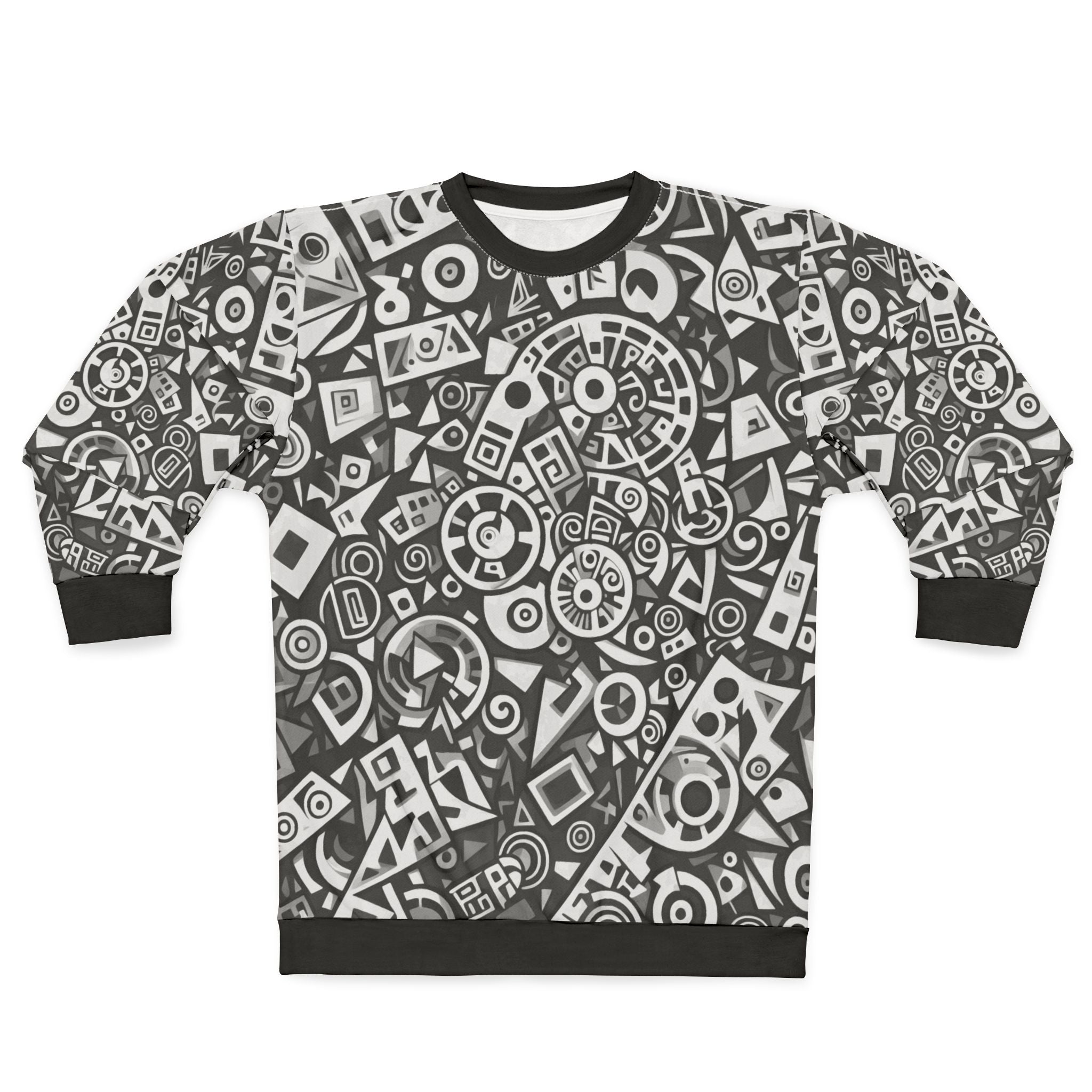 Abstract Geometric Pattern Sweatshirt — Monochrome Tribal Shapes All-Over Print