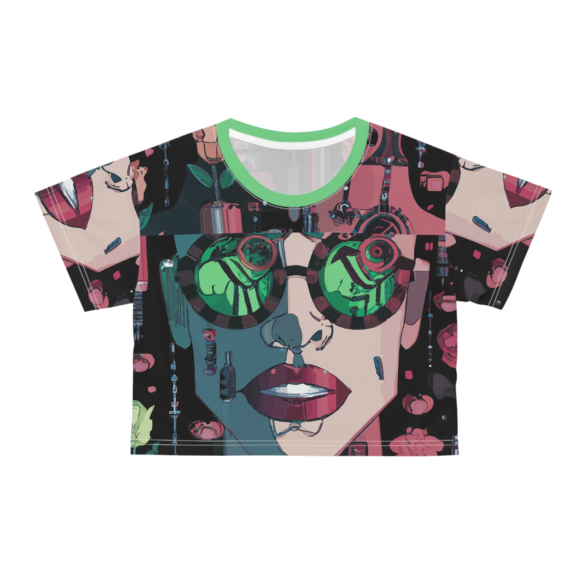 Retro Cyberpunk Crop Tee — Neon Sunglasses Portrait All-Over Print