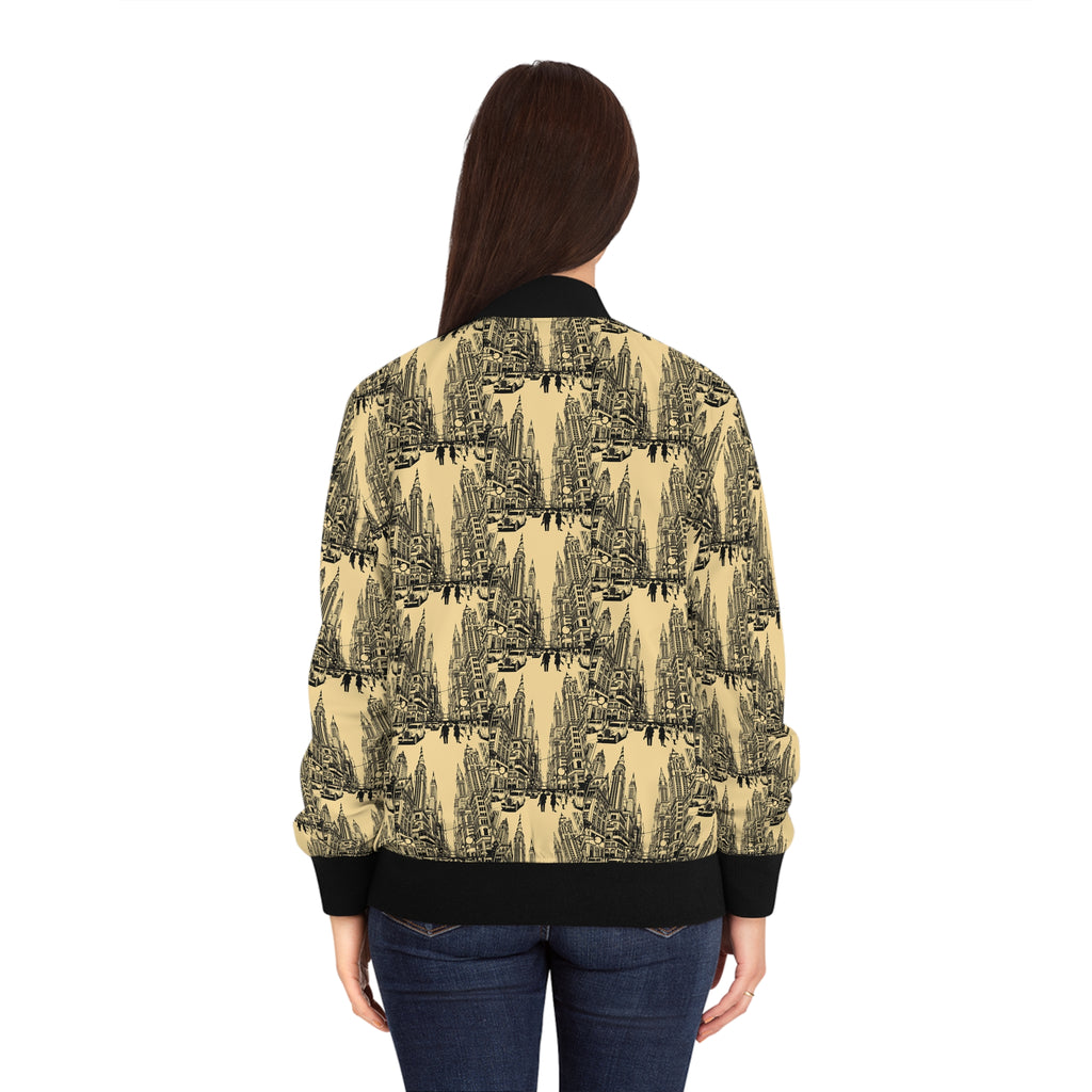 Women’s bomber jacket, back view, all-over sketch print; yellow-gold and black ribbed collar hem