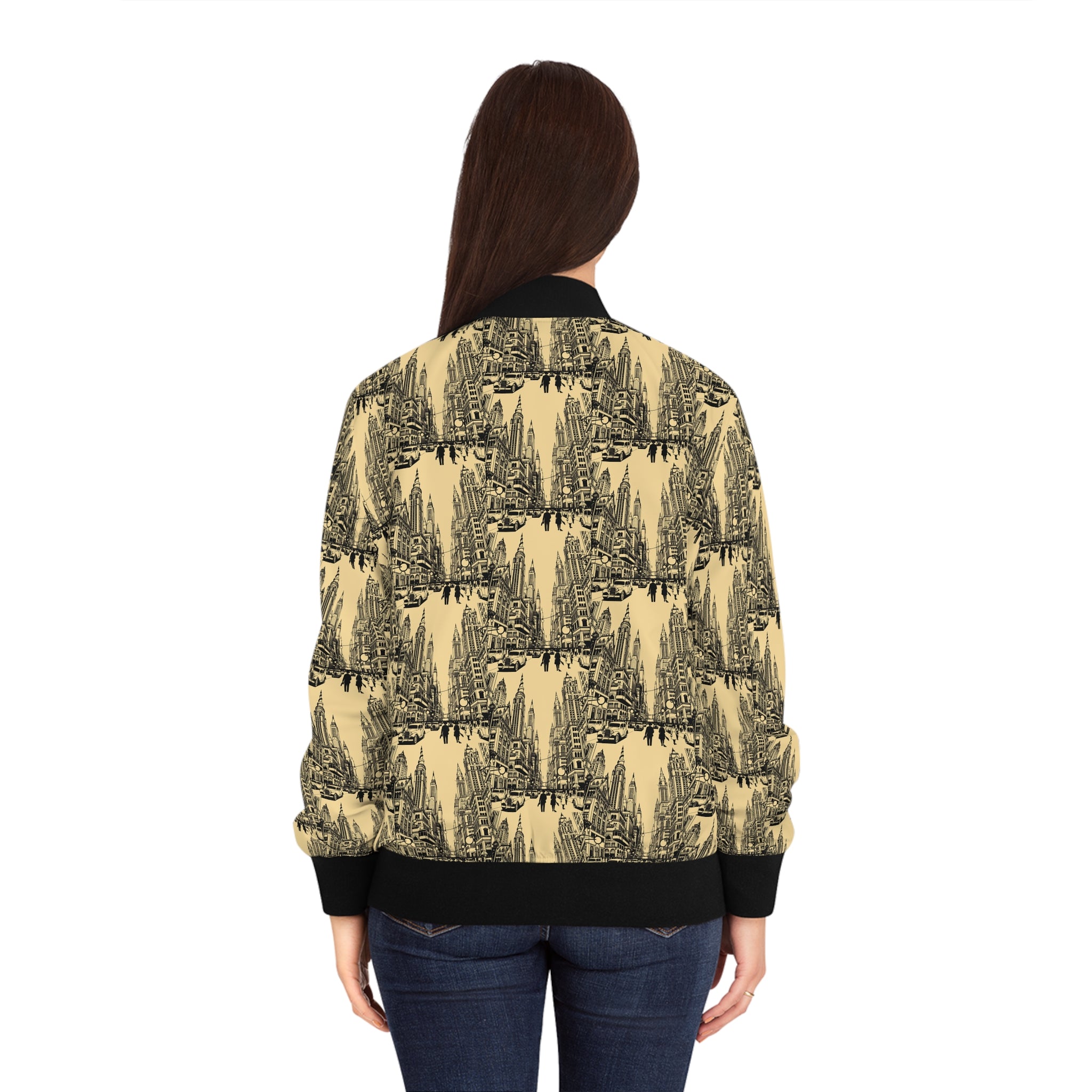 Women’s bomber jacket, back view, all-over sketch print; yellow-gold and black ribbed collar hem
