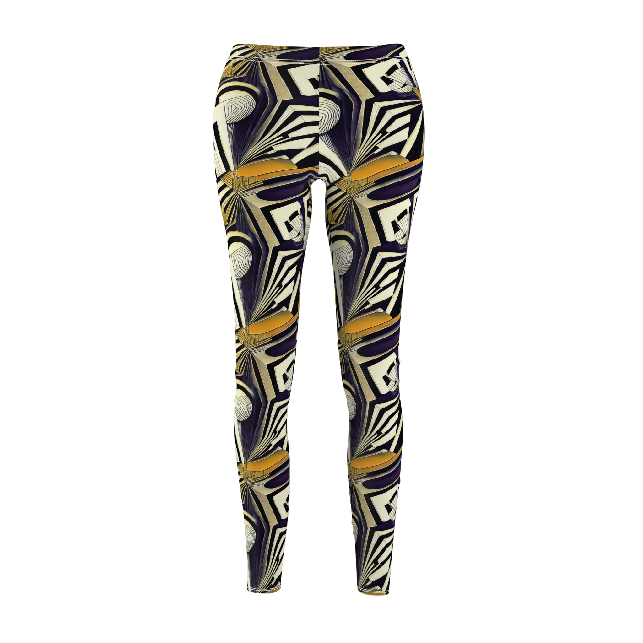 Women's leggings front view with abstract geometric print in yellow and black.